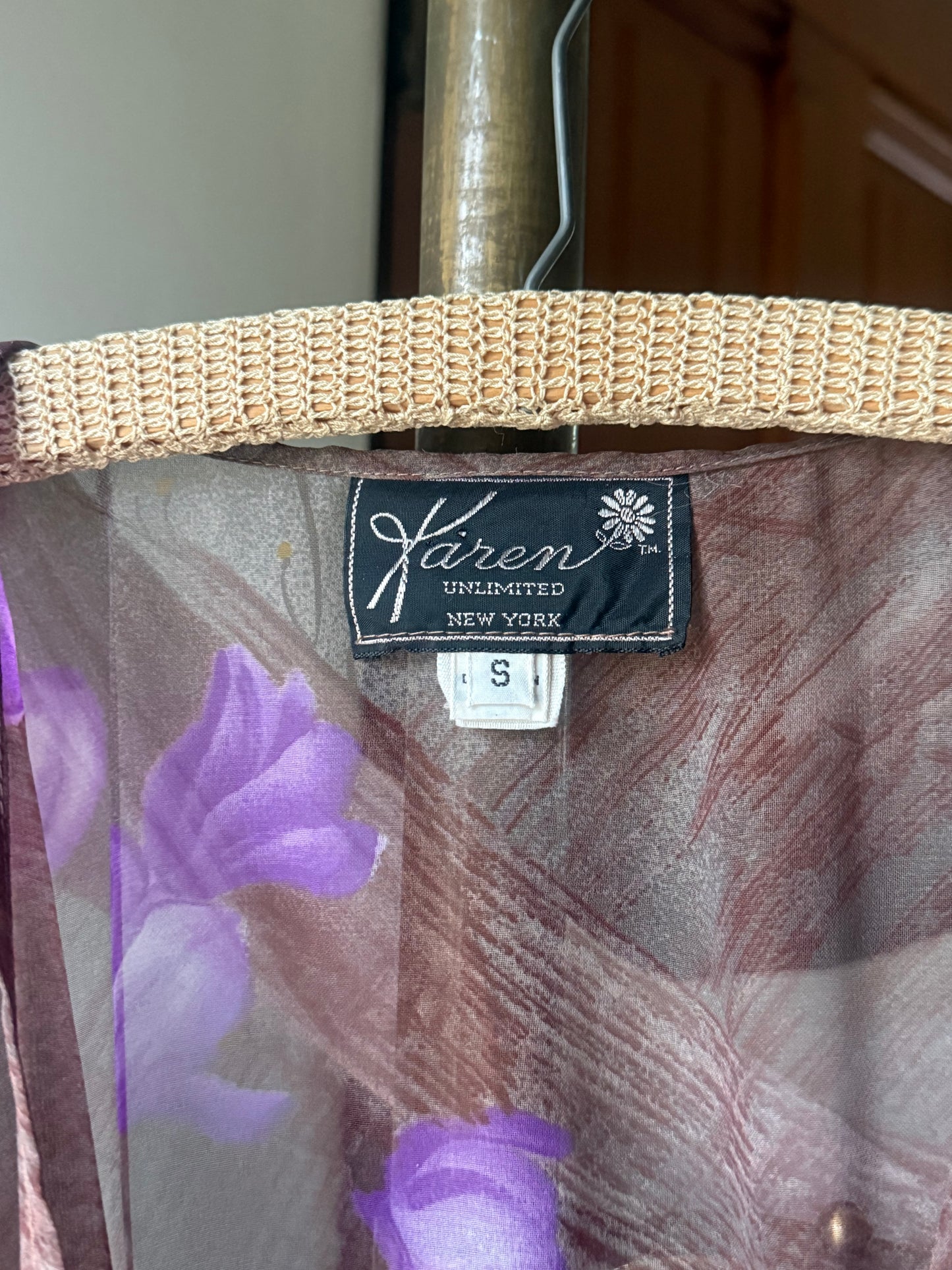 1970s Purple Sheer Floral Batwing Dress