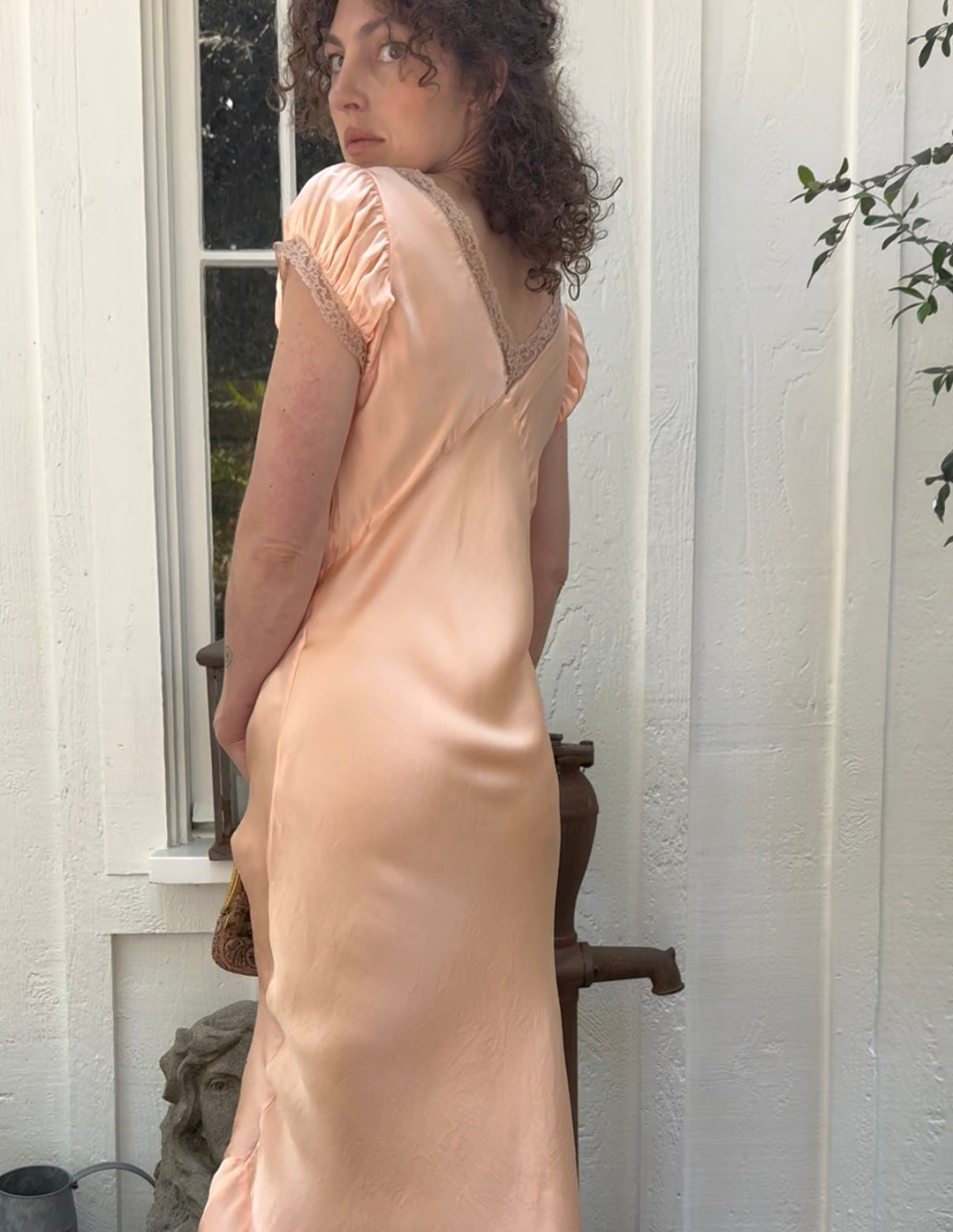 1930s NRA Label Soft Peach Silk Lace Trimmed Slip Dress