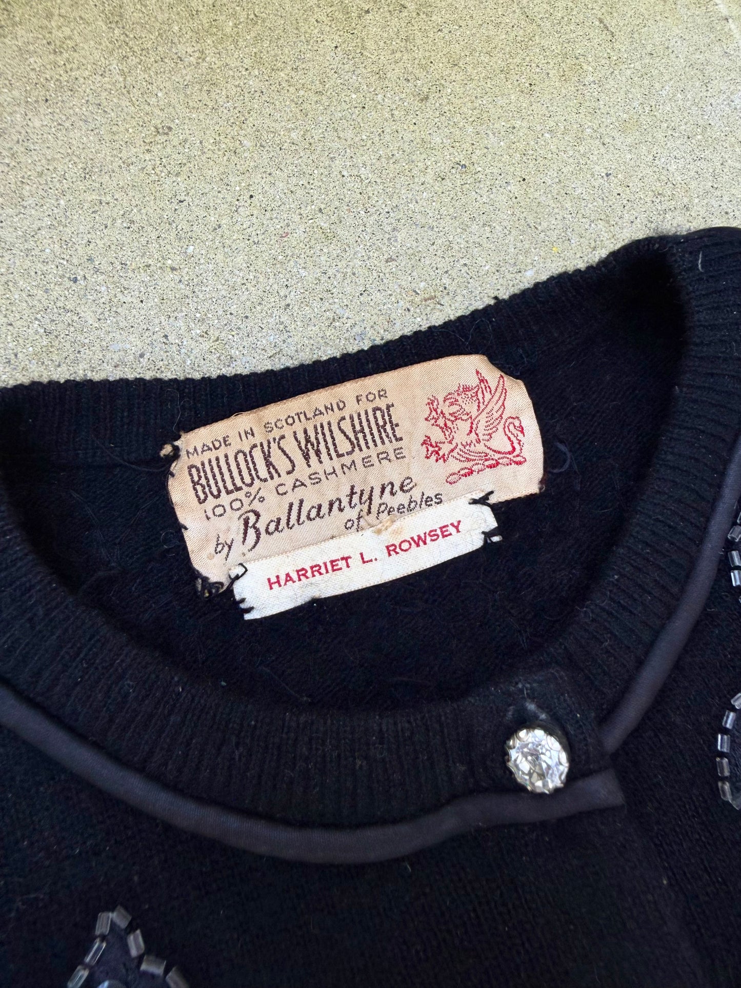 1950s Bullocks Wilshire Black Cashmere Beaded Cardigan