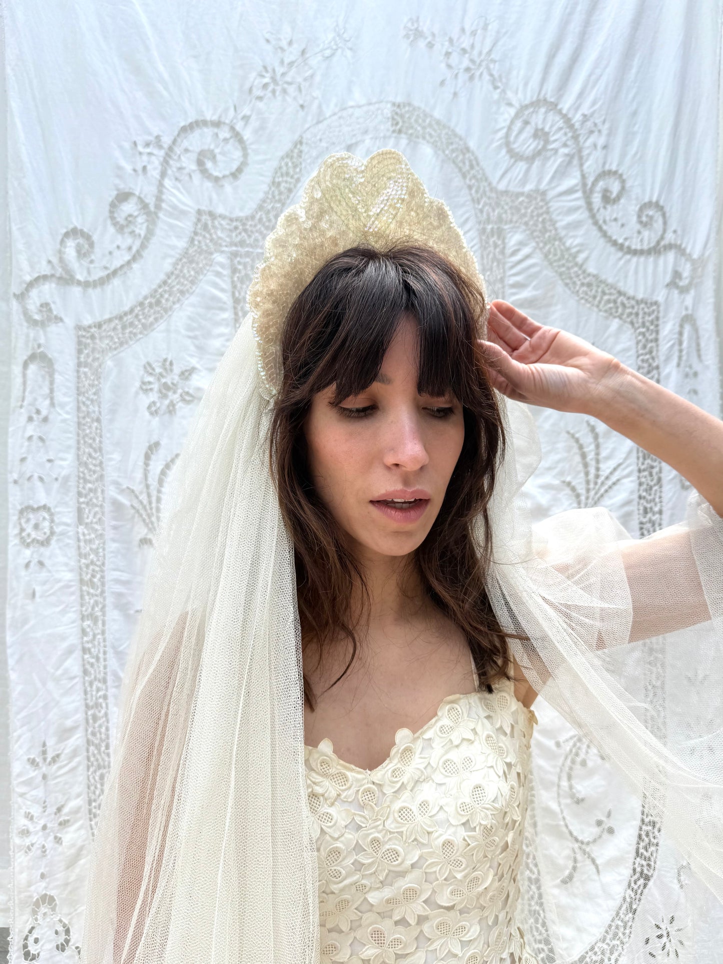 1940s Sequin Heart Veil with Floral Lace