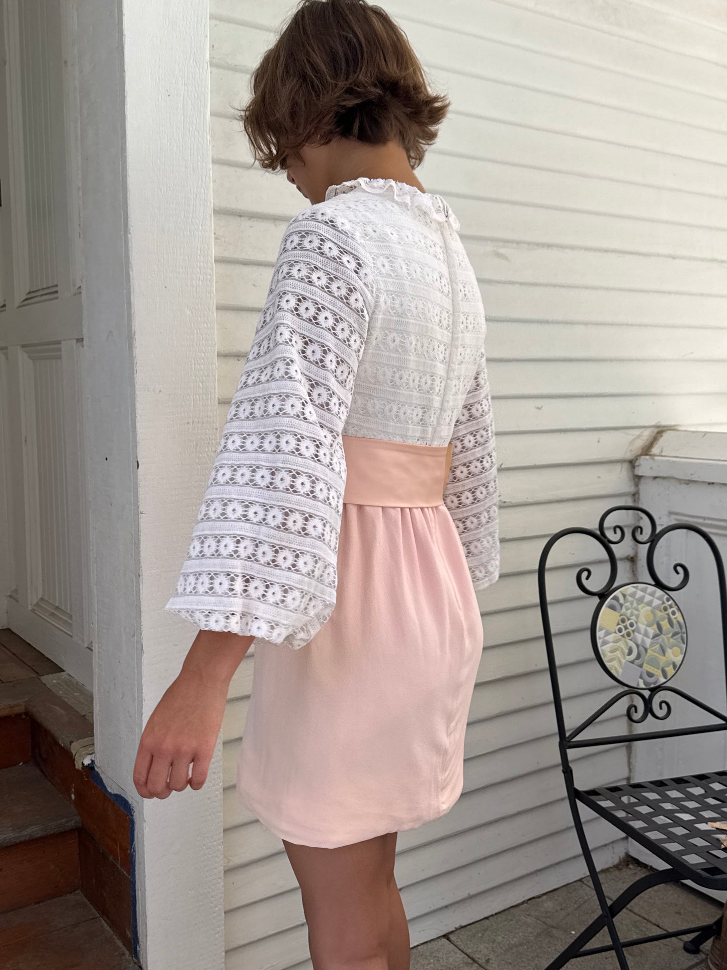 1960s Eyelet Cotton Bishop Sleeve Pink Mini Dress