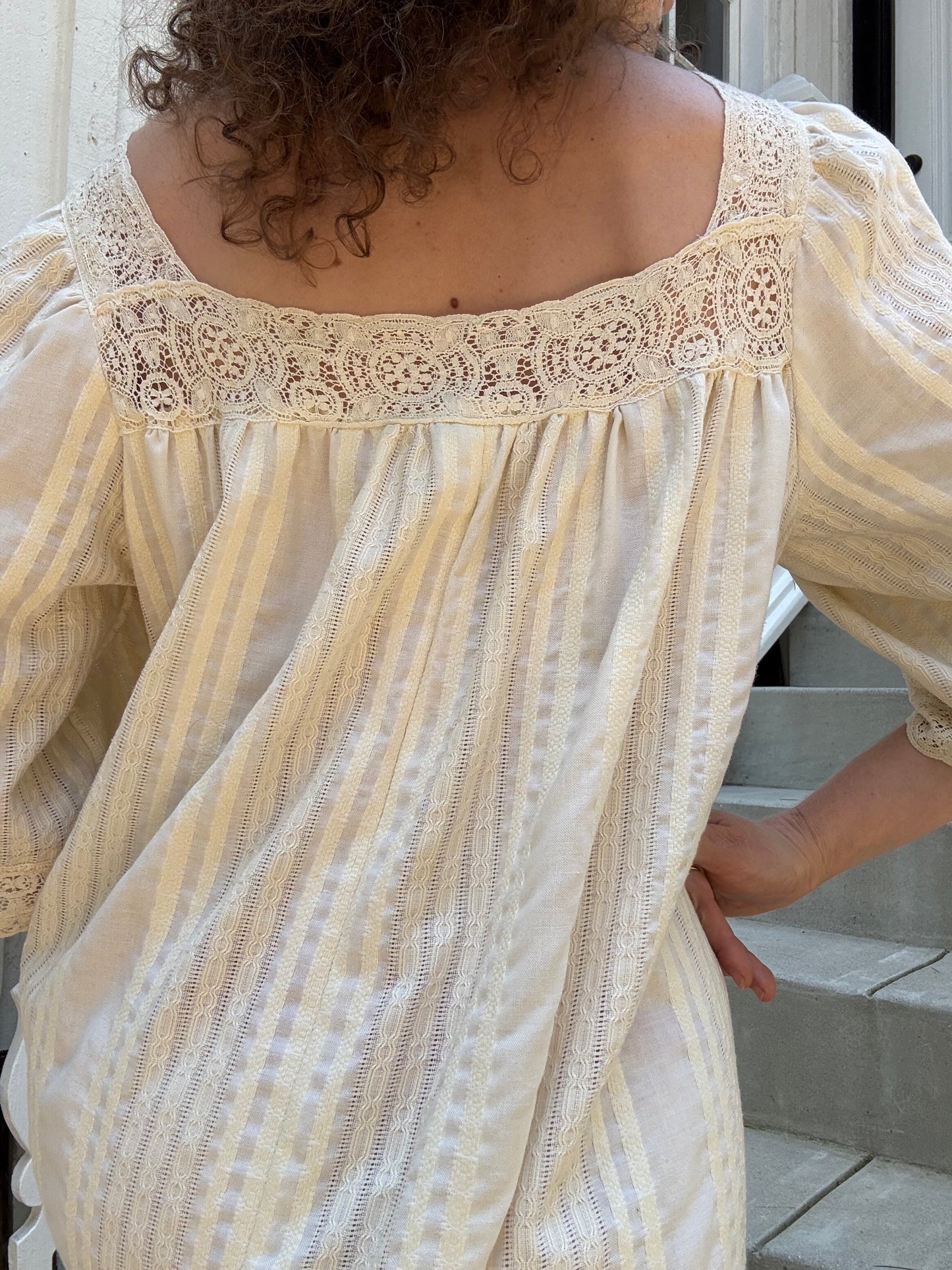 1970s Renaissance Crochet Lace Trim Maxi Dress