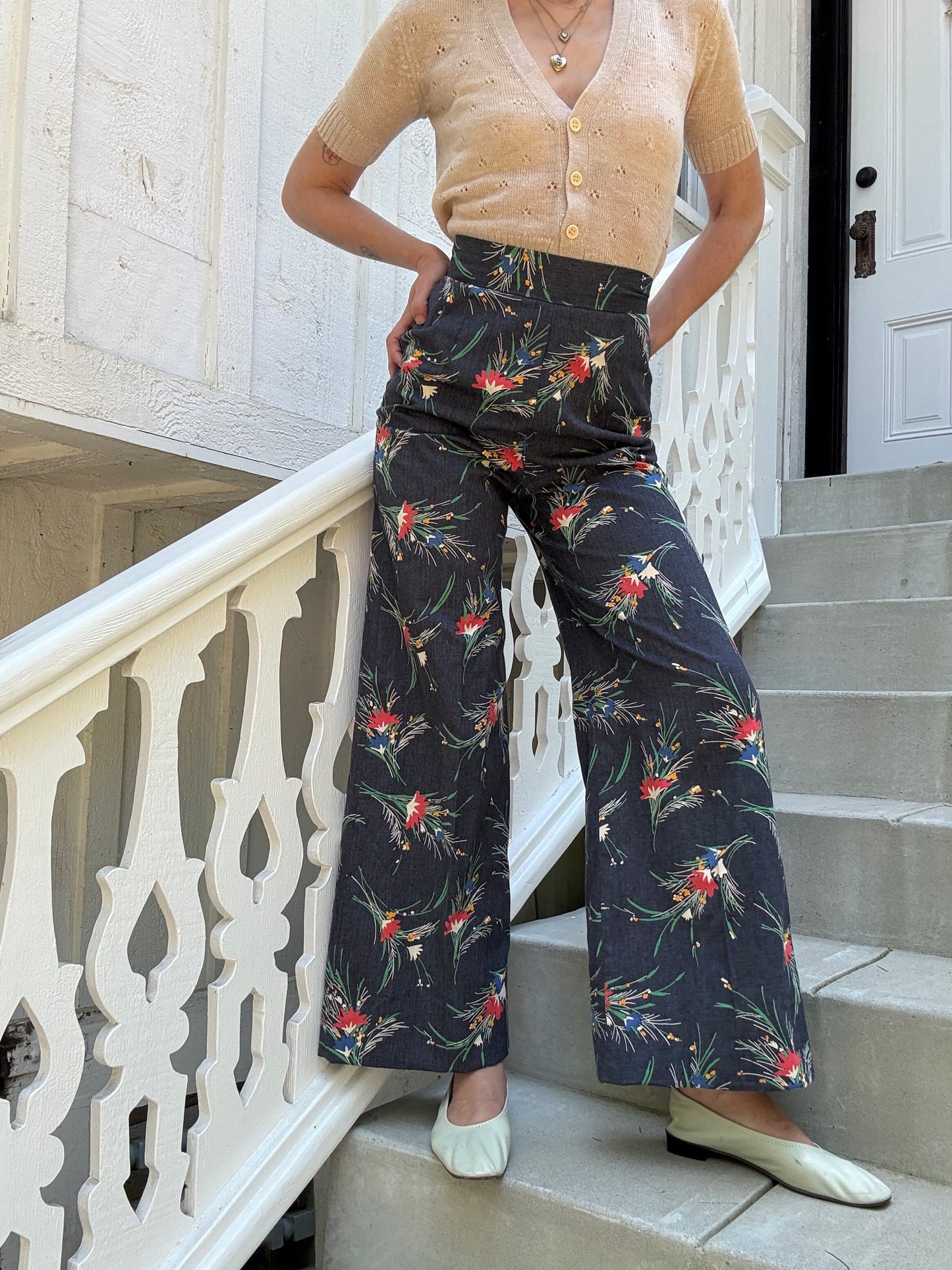 1970s Handmade High Waist Floral Printed Wide Leg Pants