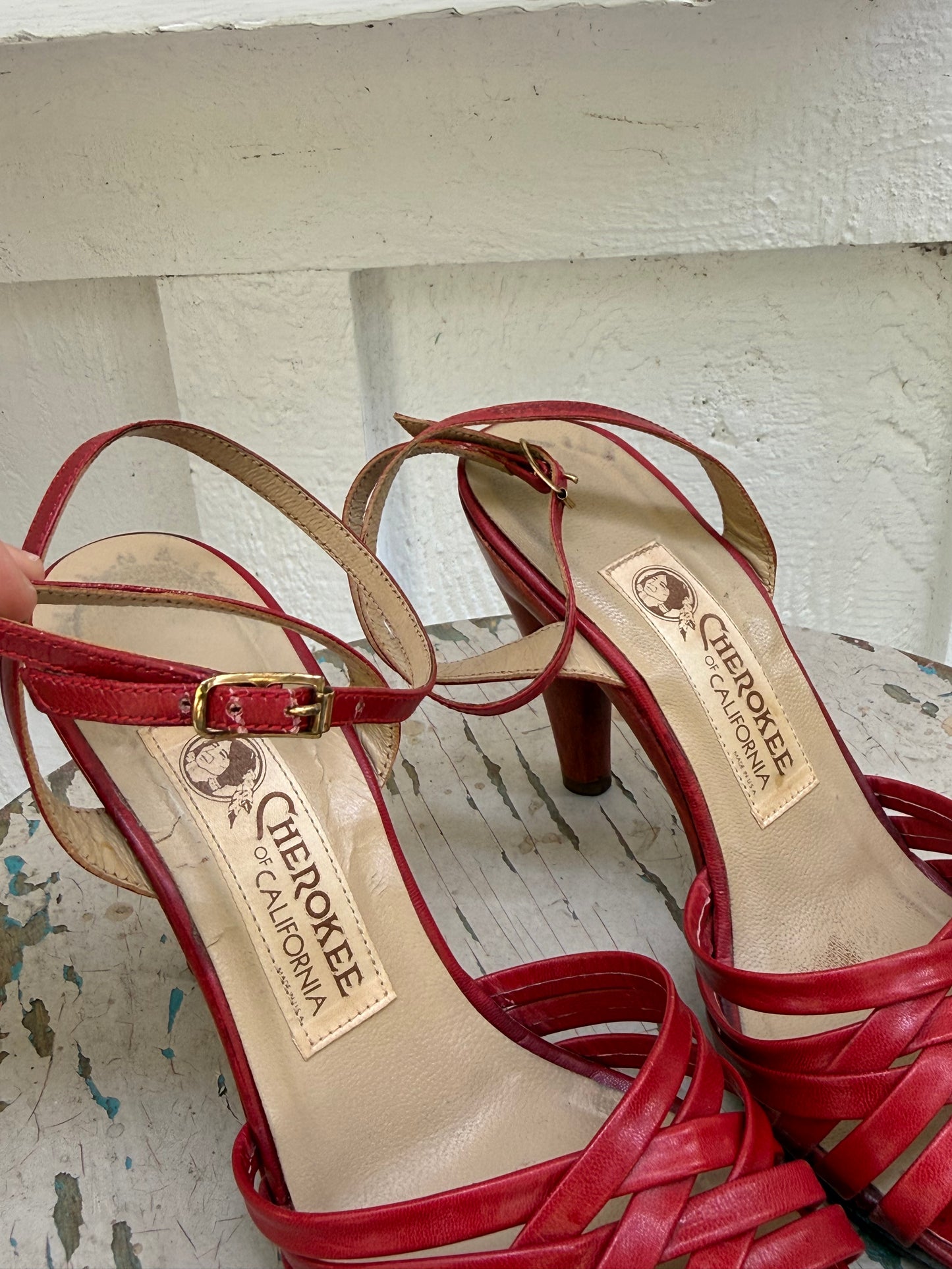 1970s Cherokee Red Leather Strappy Heels 6
