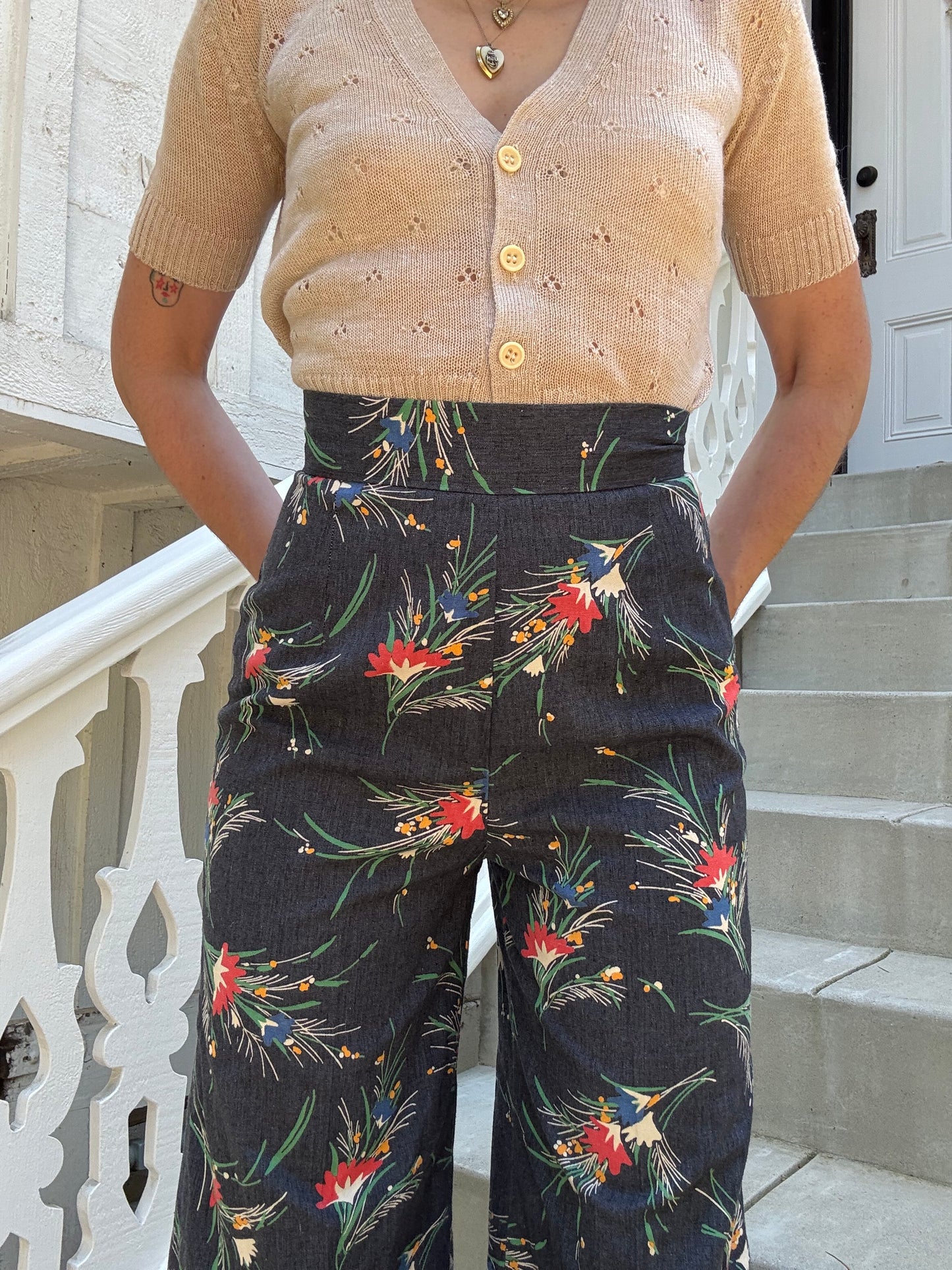 1970s Handmade High Waist Floral Printed Wide Leg Pants