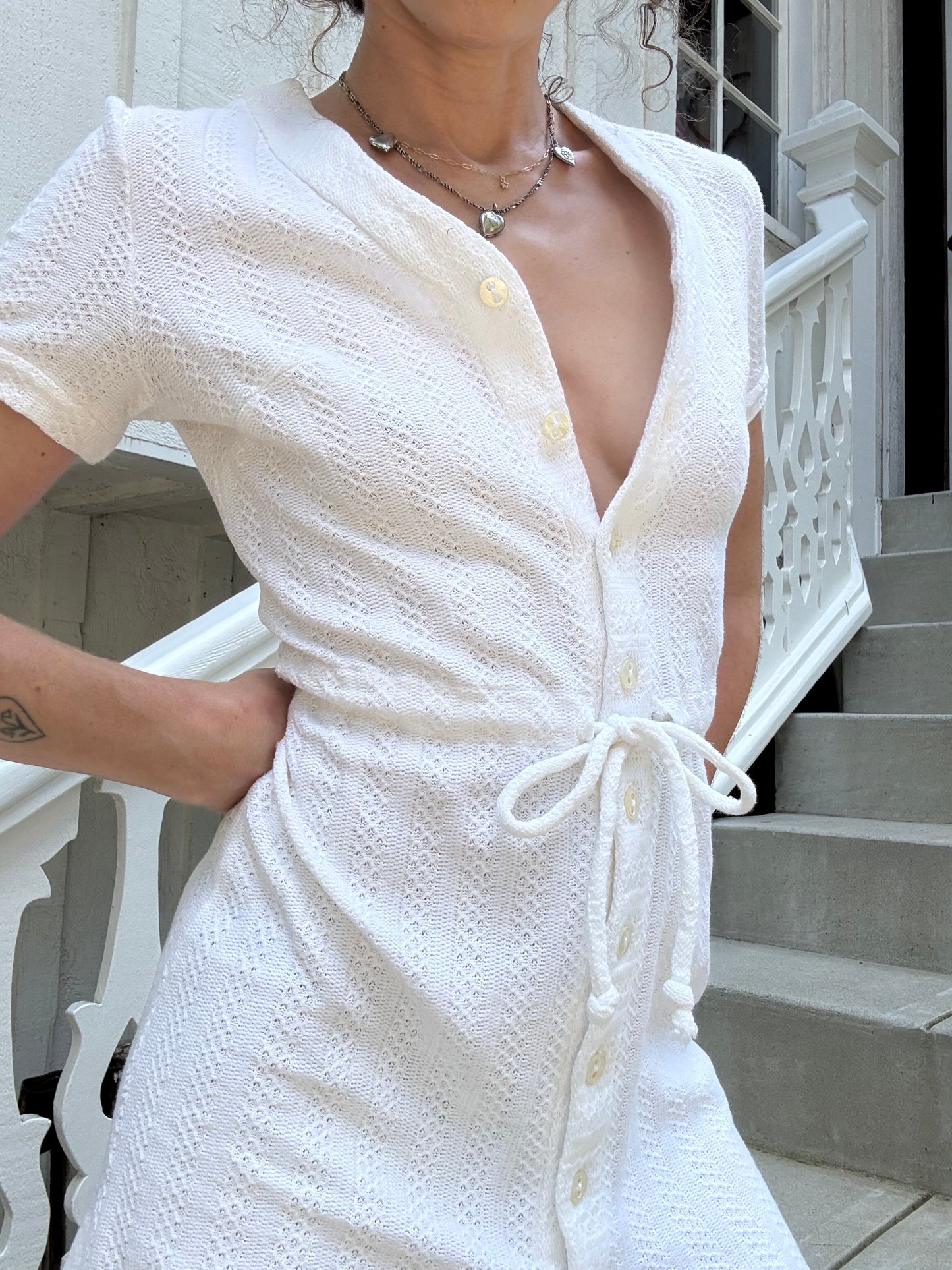 1970s Villager White Crochet Mini Dress