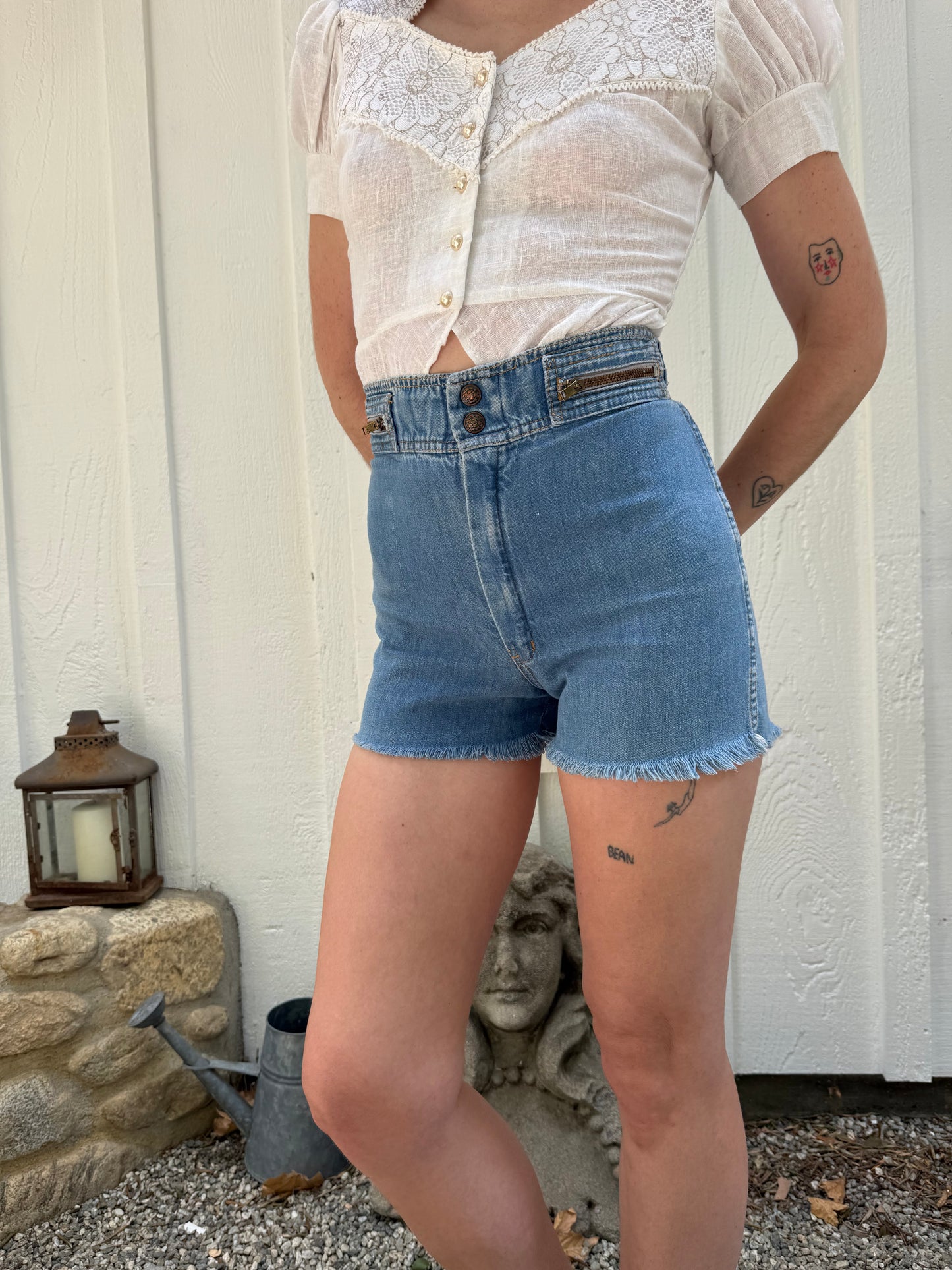 1970s High Waist Medium Wash Soft Denim Cut Offs
