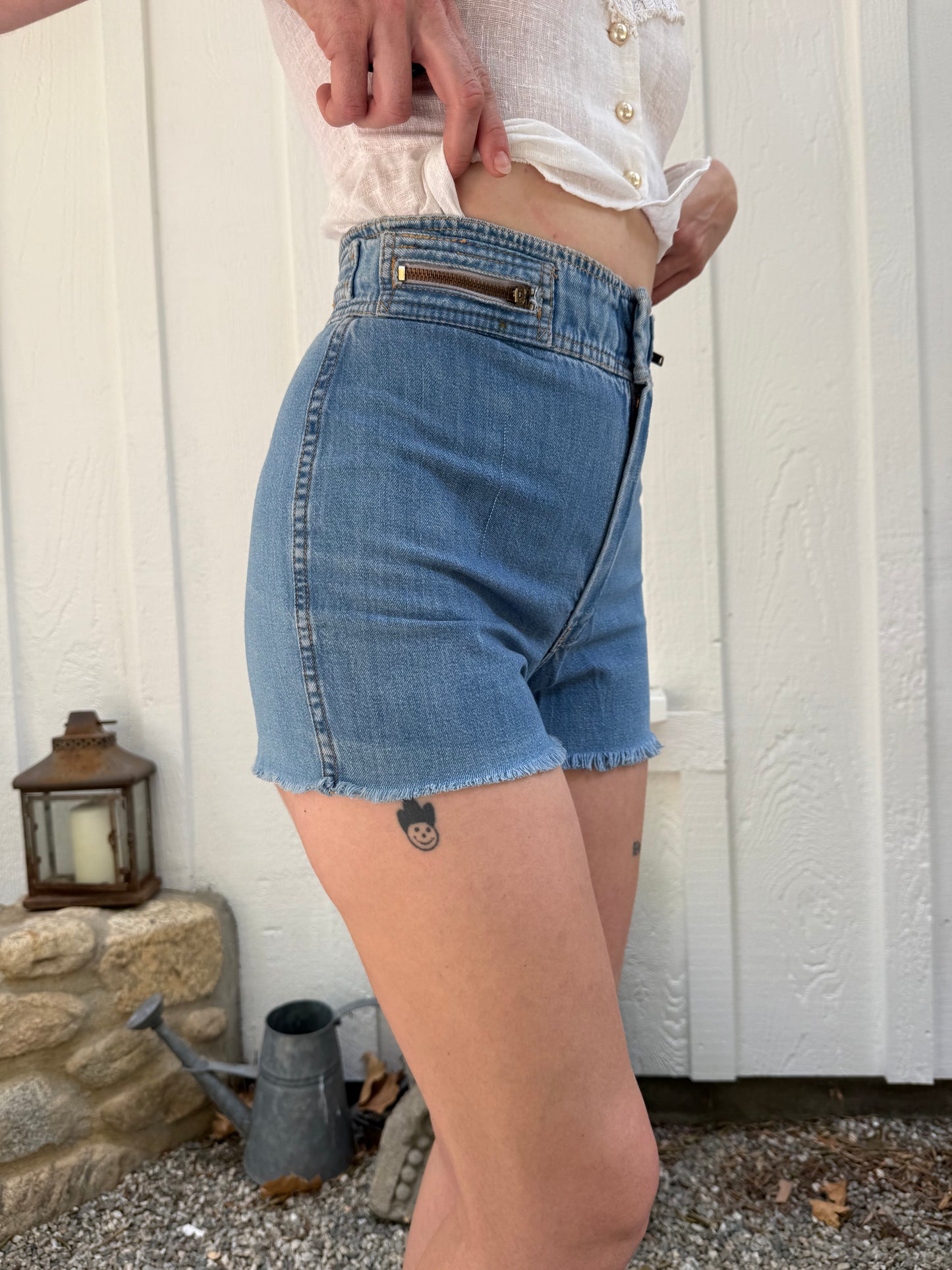 1970s High Waist Medium Wash Soft Denim Cut Offs