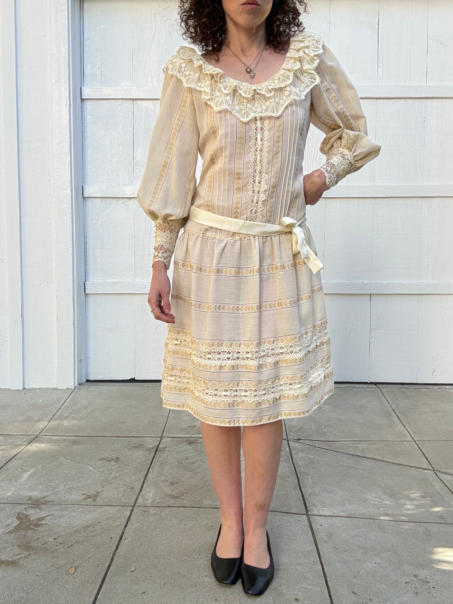 1980s Handmade Drop Waist Lace Trimmed Dress