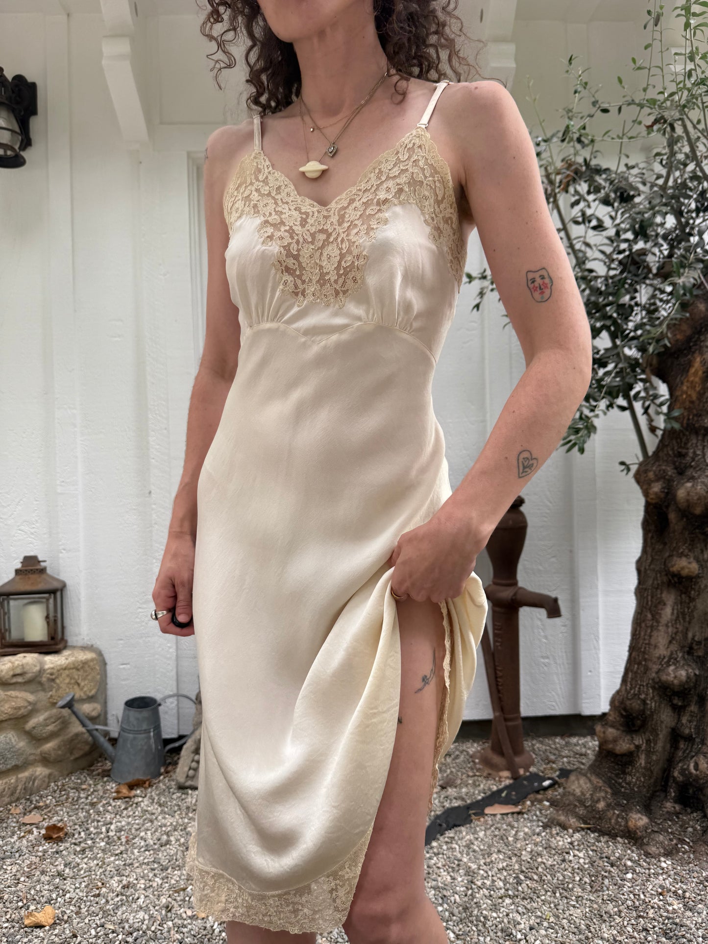1940s Fischer Silk Ivory Lace Trimmed Slip Dress