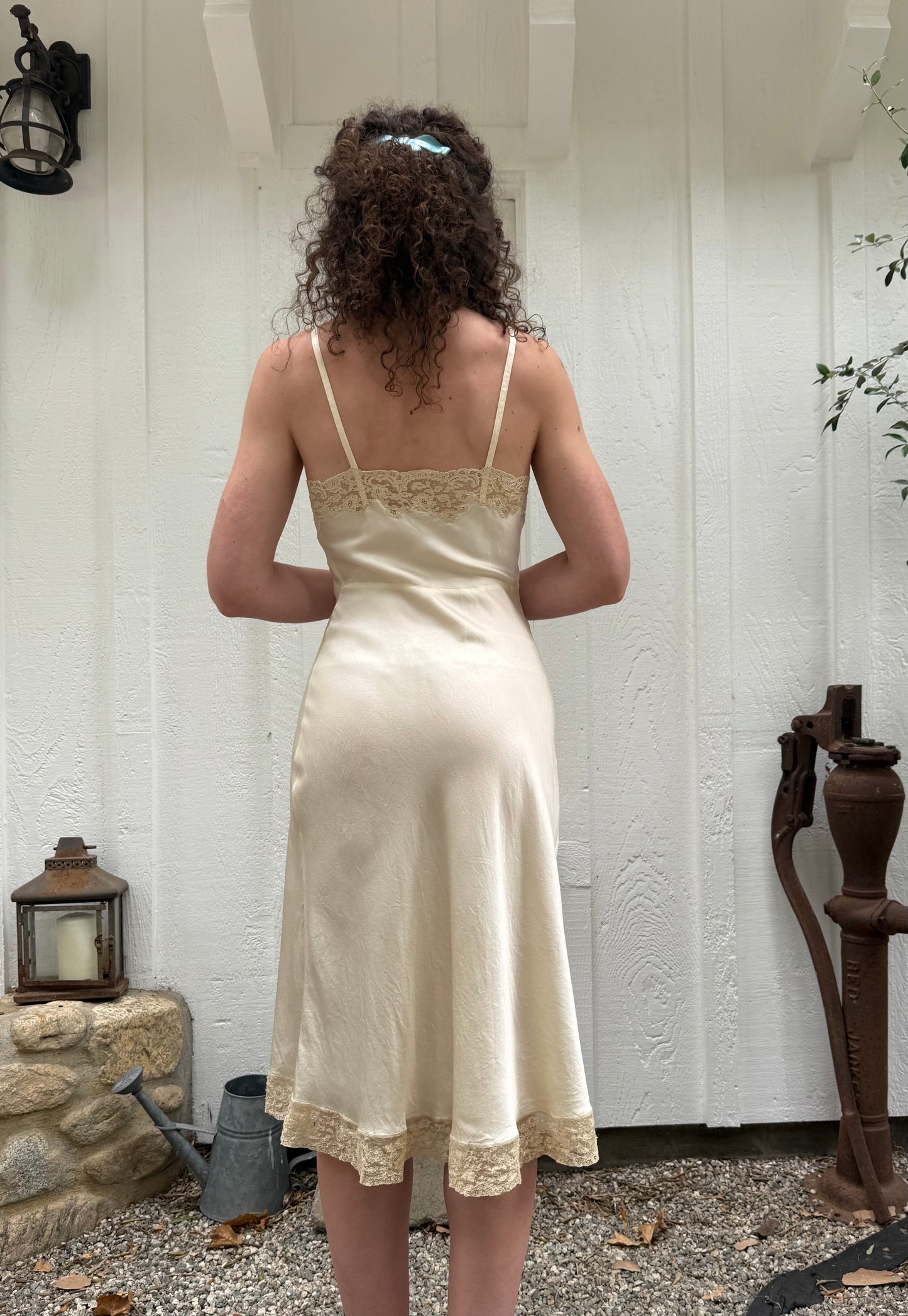 1940s Fischer Silk Ivory Lace Trimmed Slip Dress