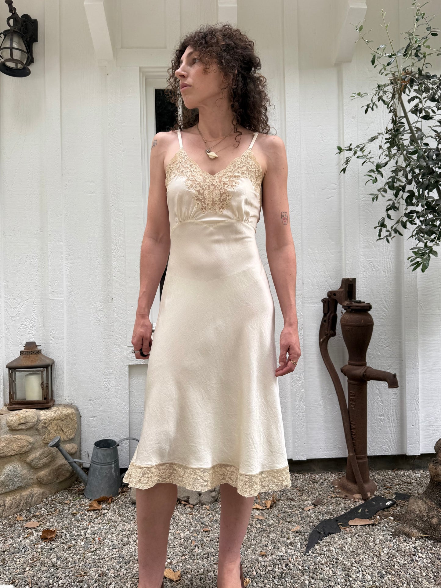 1940s Fischer Silk Ivory Lace Trimmed Slip Dress