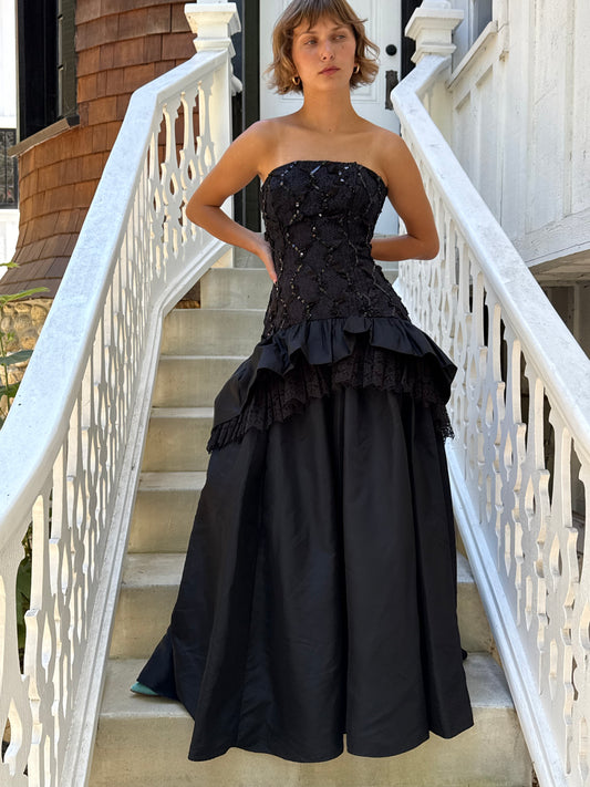 90s Lorelai Black Drop Waist Strapless Sequin Bow Gown