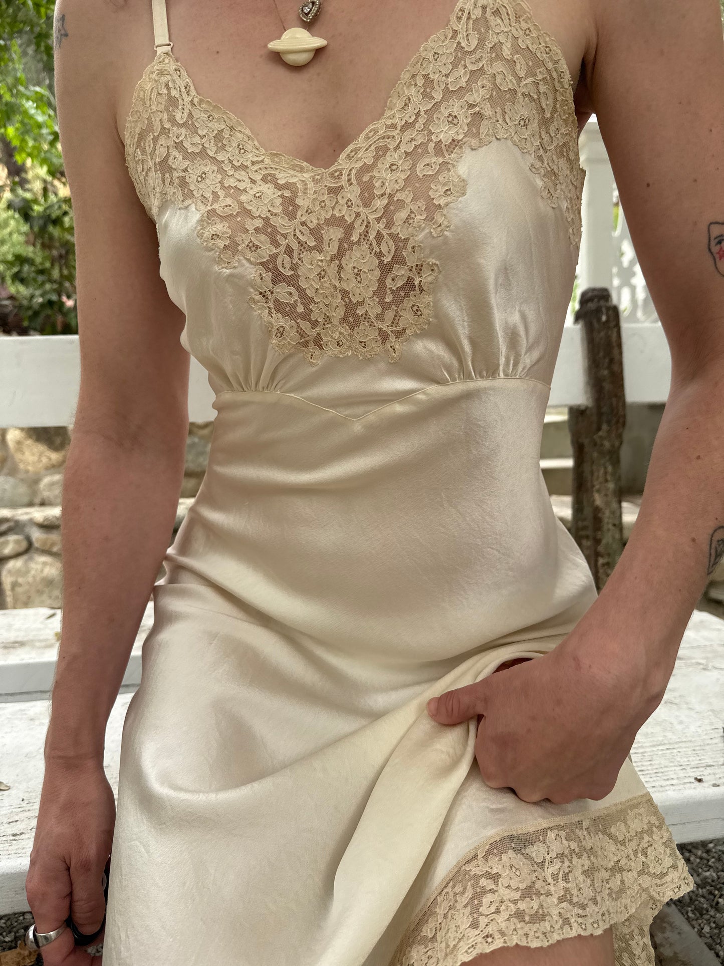 1940s Fischer Silk Ivory Lace Trimmed Slip Dress