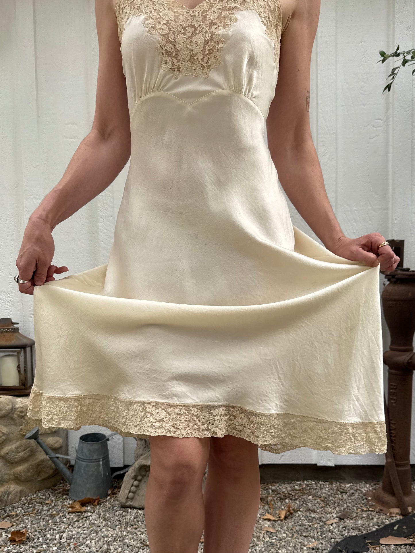 1940s Fischer Silk Ivory Lace Trimmed Slip Dress