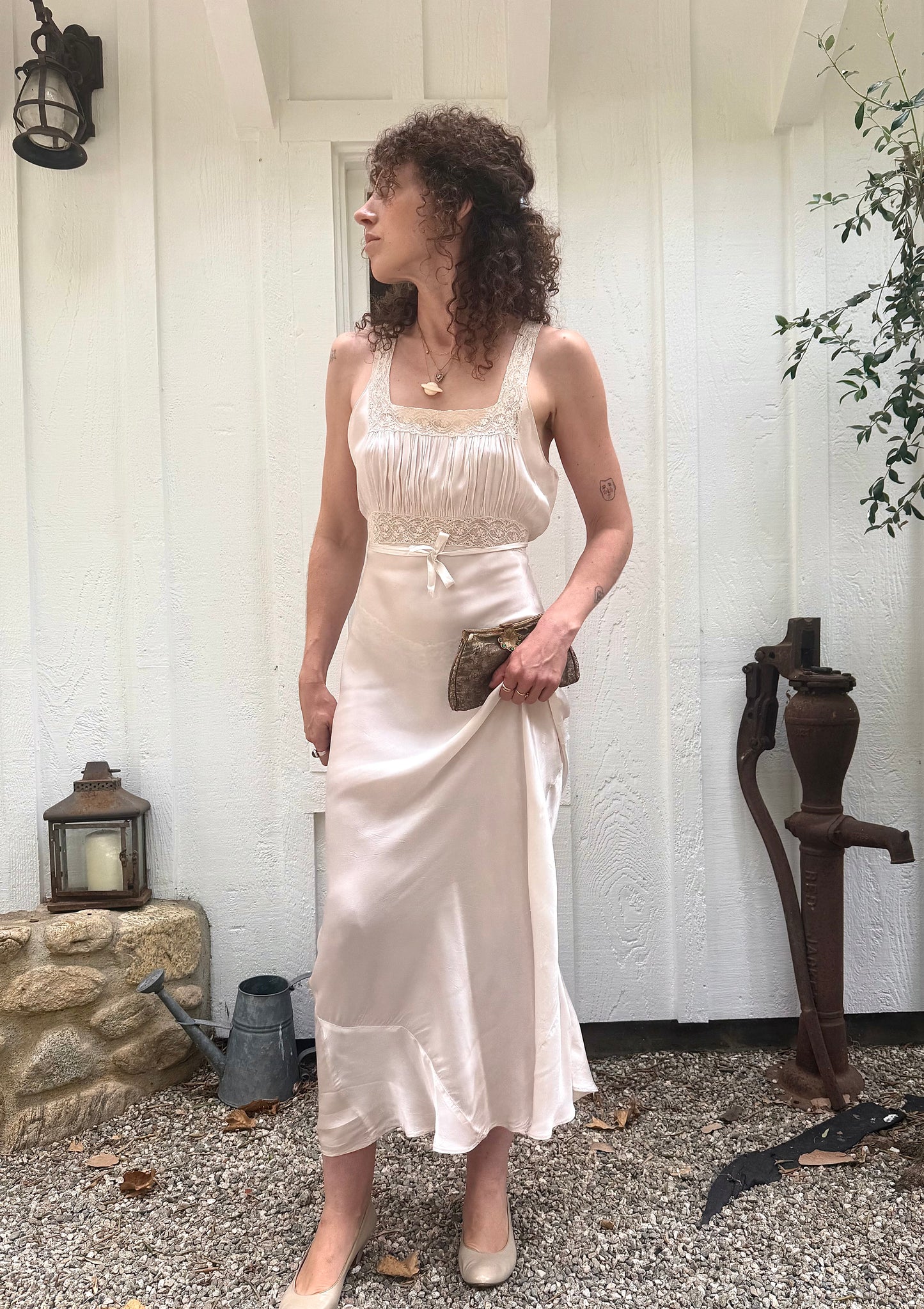 1940s Champagne Lace Trimmed Slip Dress