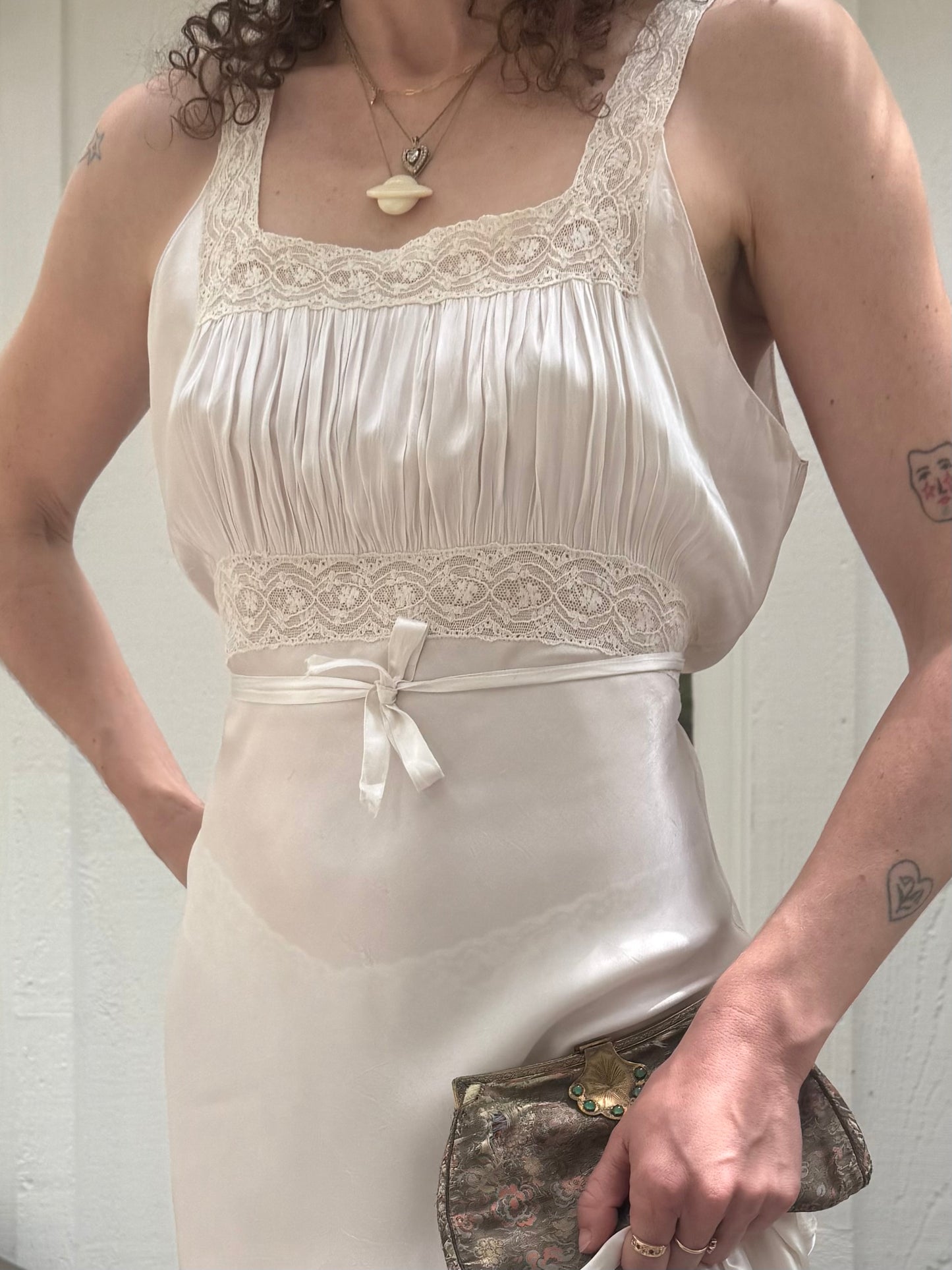 1940s Champagne Lace Trimmed Slip Dress
