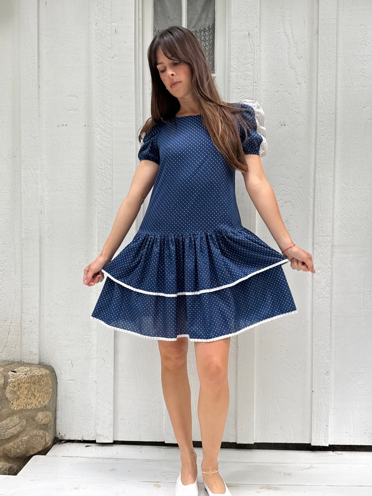 1980s Navy Polka Dot Drop Waist Mini Dress