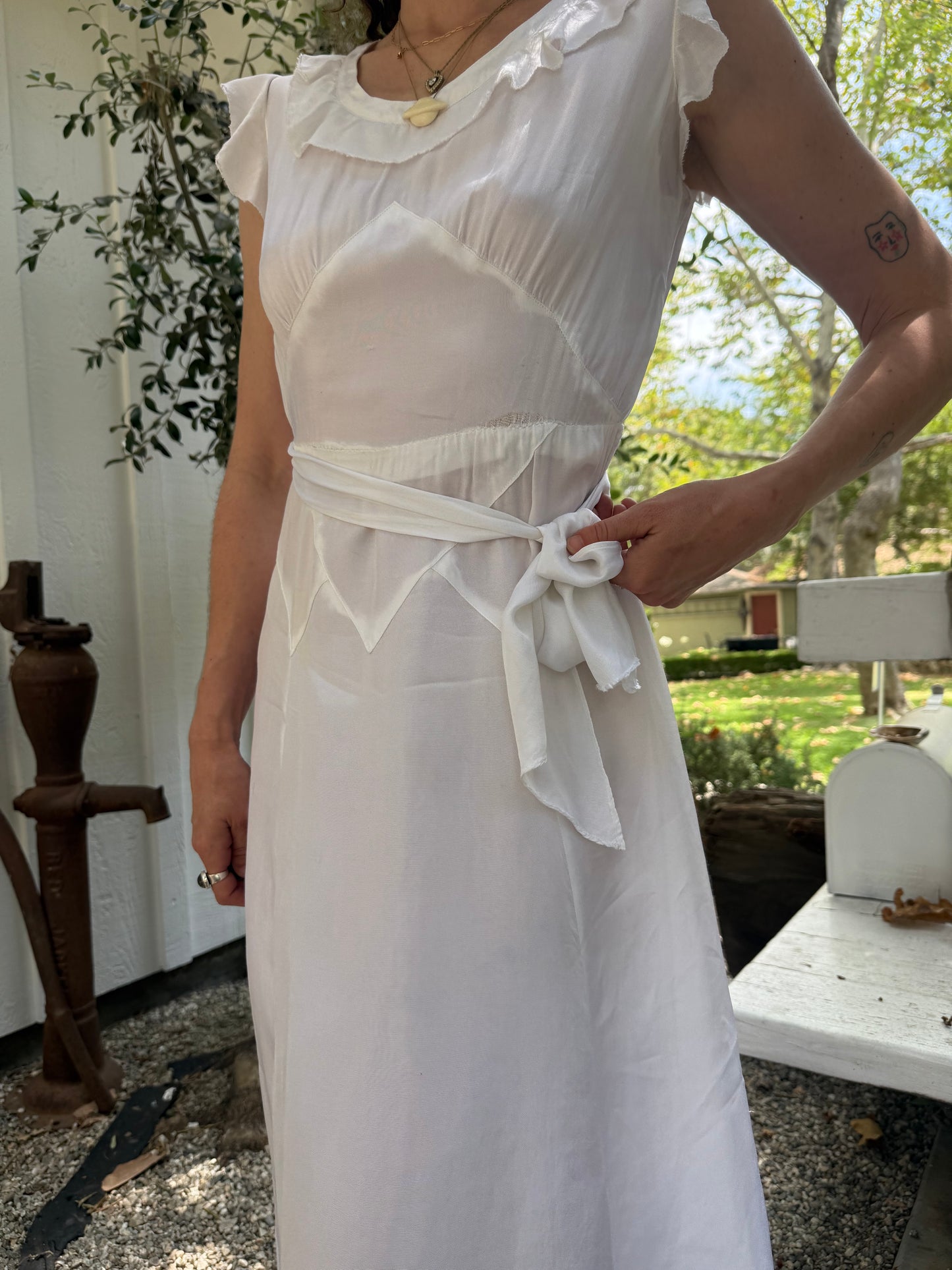 50s White Ruffled Day Dress