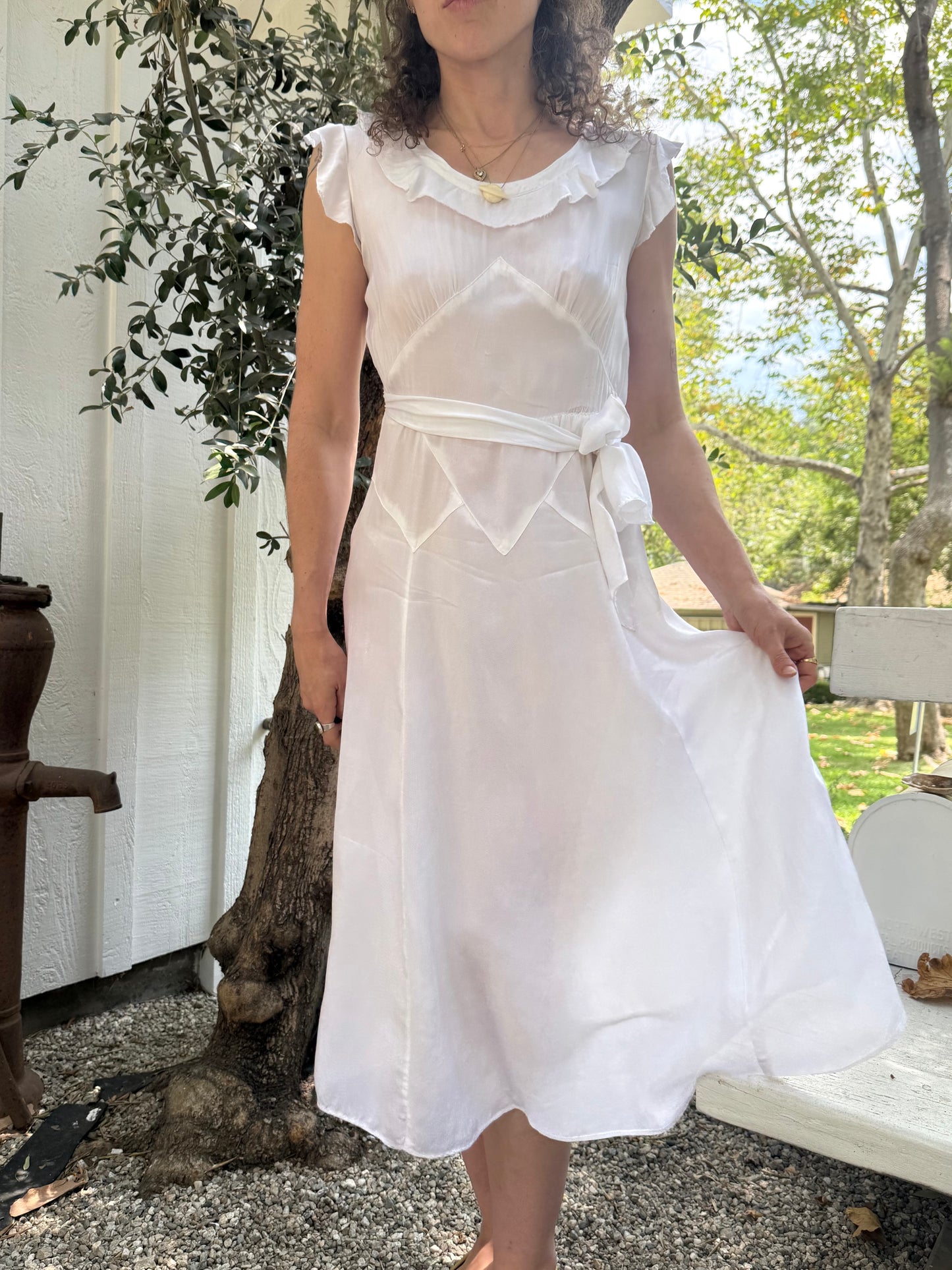50s White Ruffled Day Dress