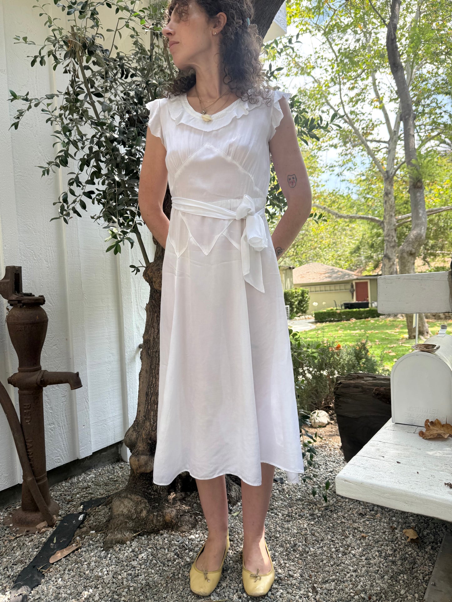 50s White Ruffled Day Dress