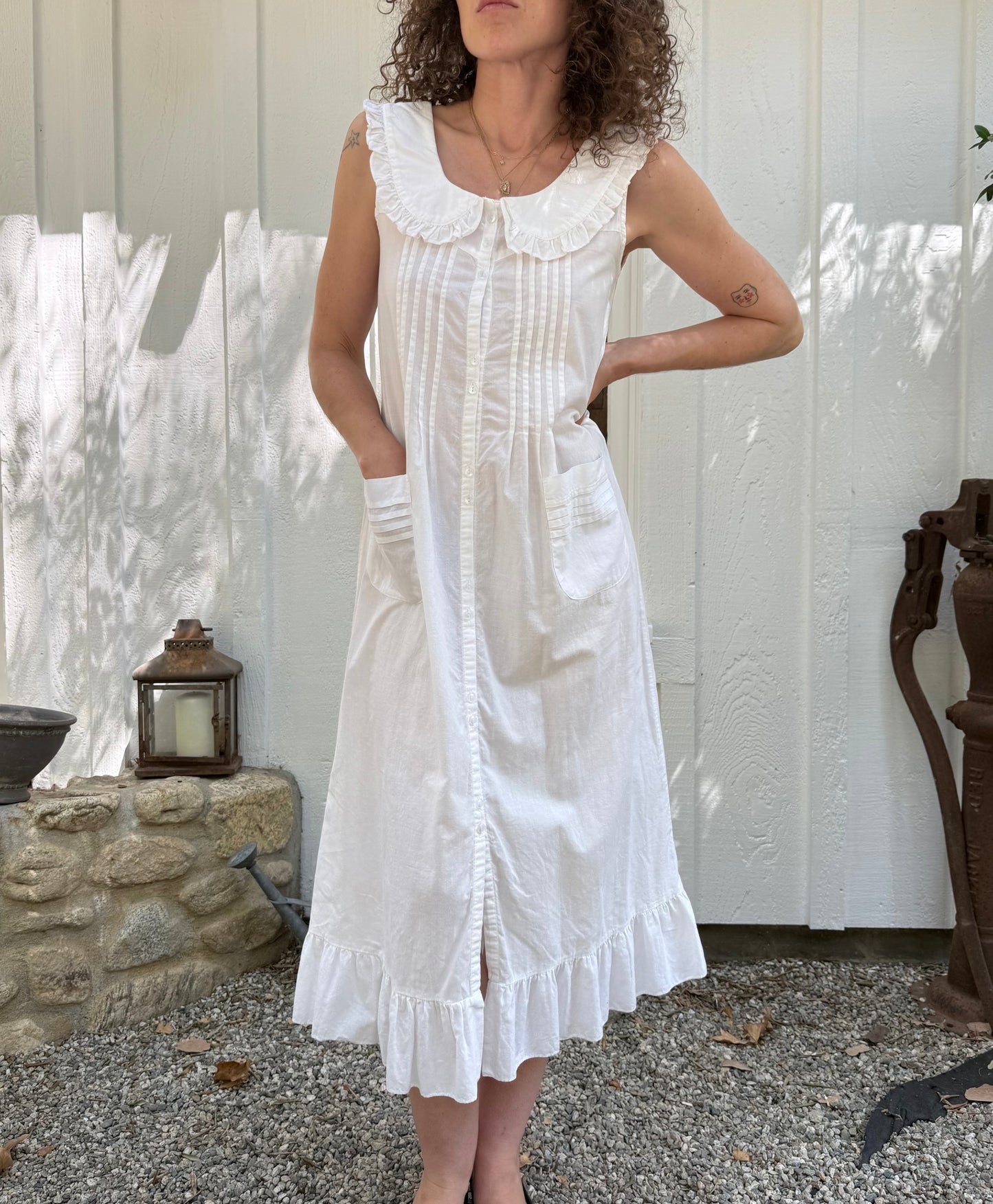 90s White Cotton Ruffle Collar Day Dress