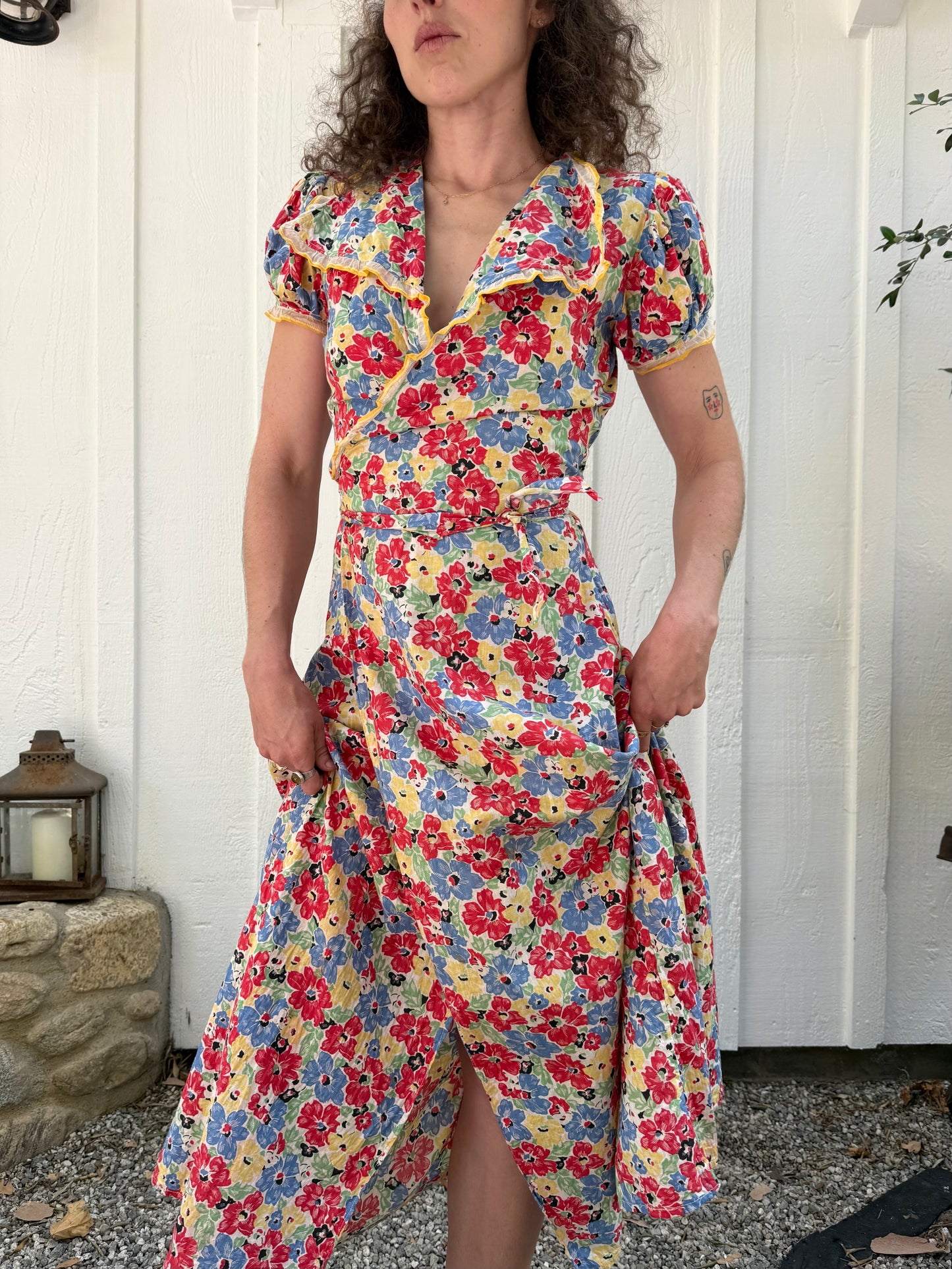 1930s Floral Cotton Ruffled Wrap Dress