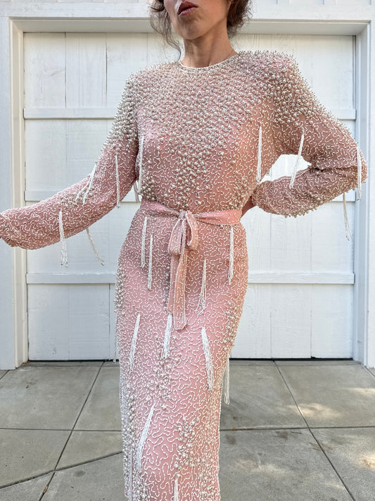 1980s Metamorphosis Pink Silk Beaded Tassels Dress