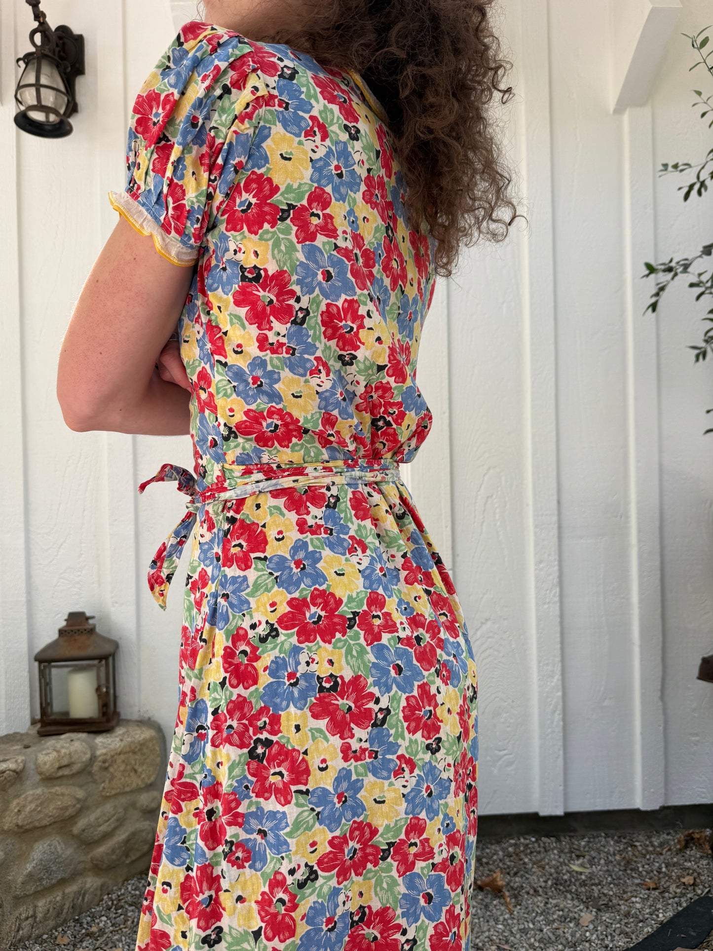 1930s Floral Cotton Ruffled Wrap Dress