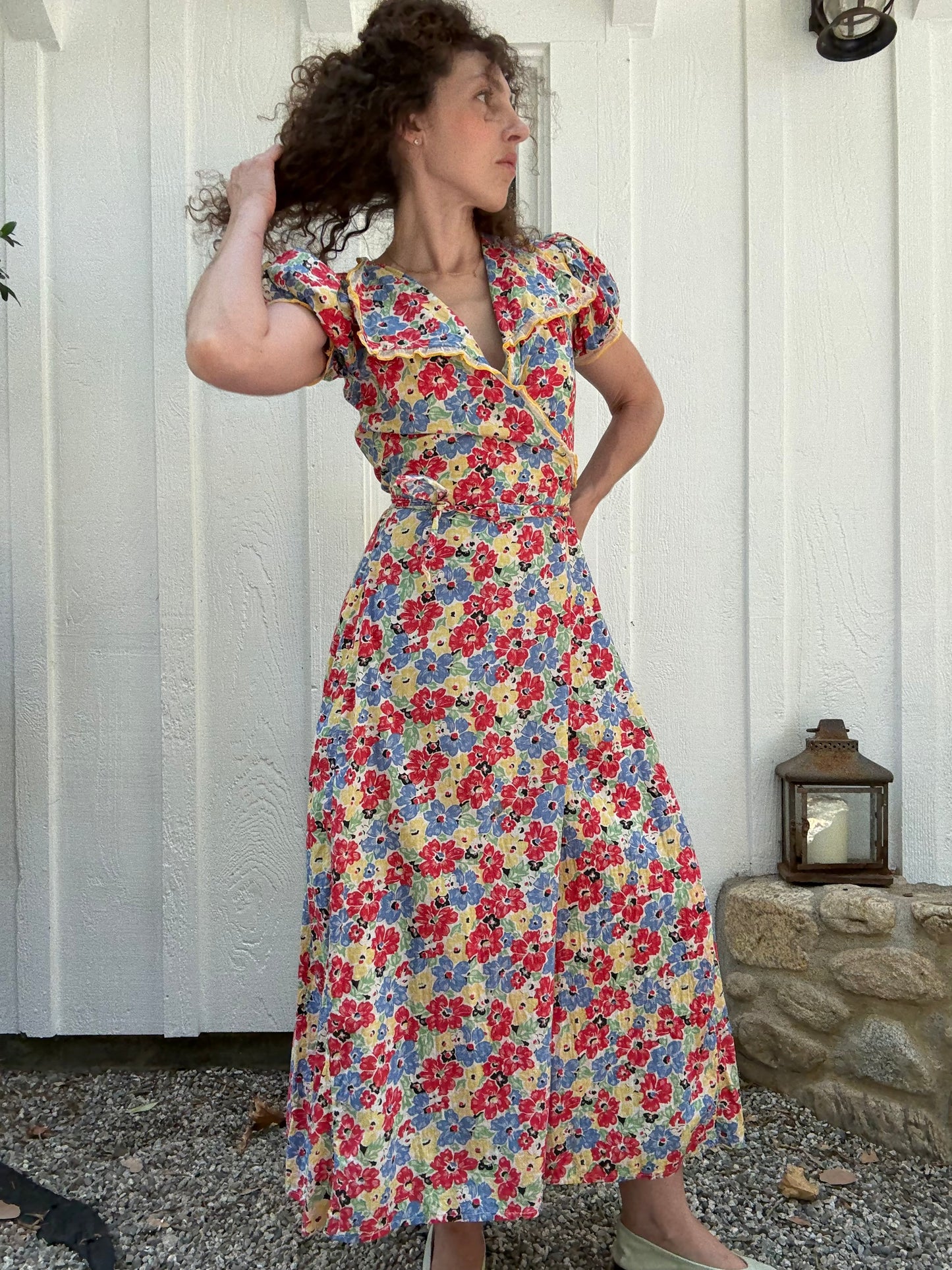 1930s Floral Cotton Ruffled Wrap Dress