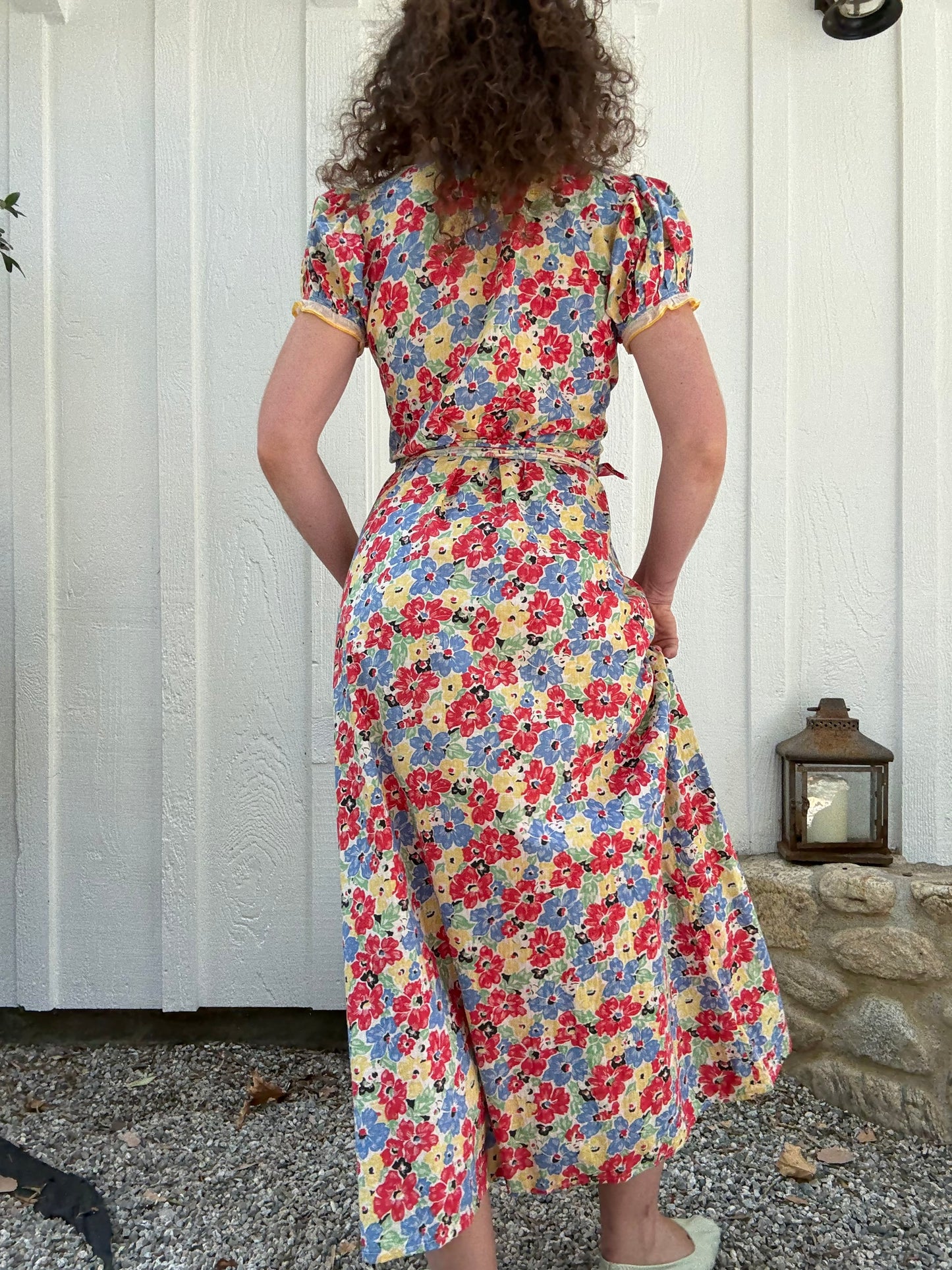 1930s Floral Cotton Ruffled Wrap Dress