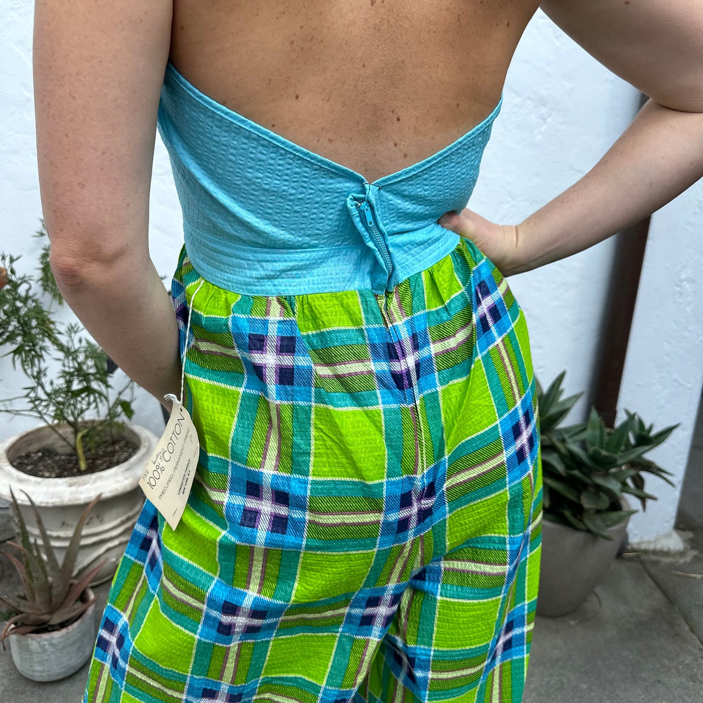 Rare 1970s Deadstock Plaid Teal and Lime Green Seersucker Halter Jumpsuit M/L