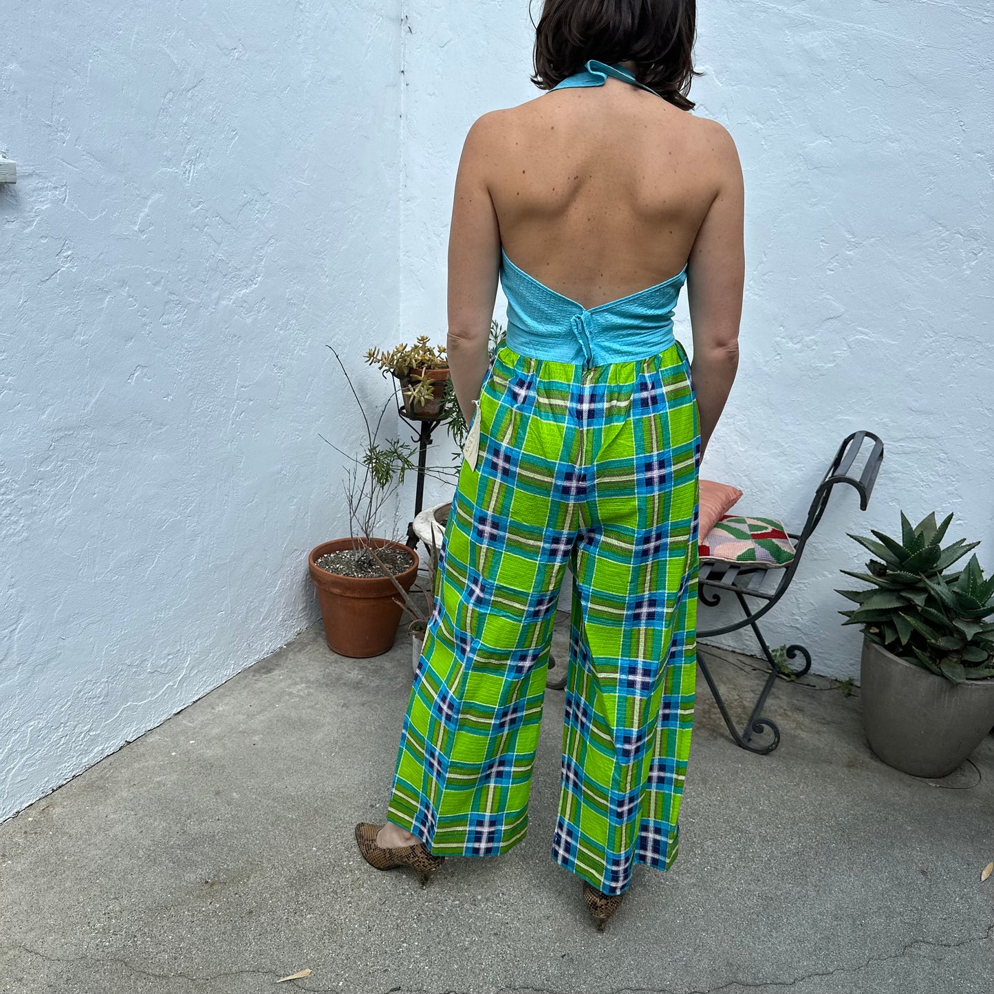 Rare 1970s Deadstock Plaid Teal and Lime Green Seersucker Halter Jumpsuit M/L