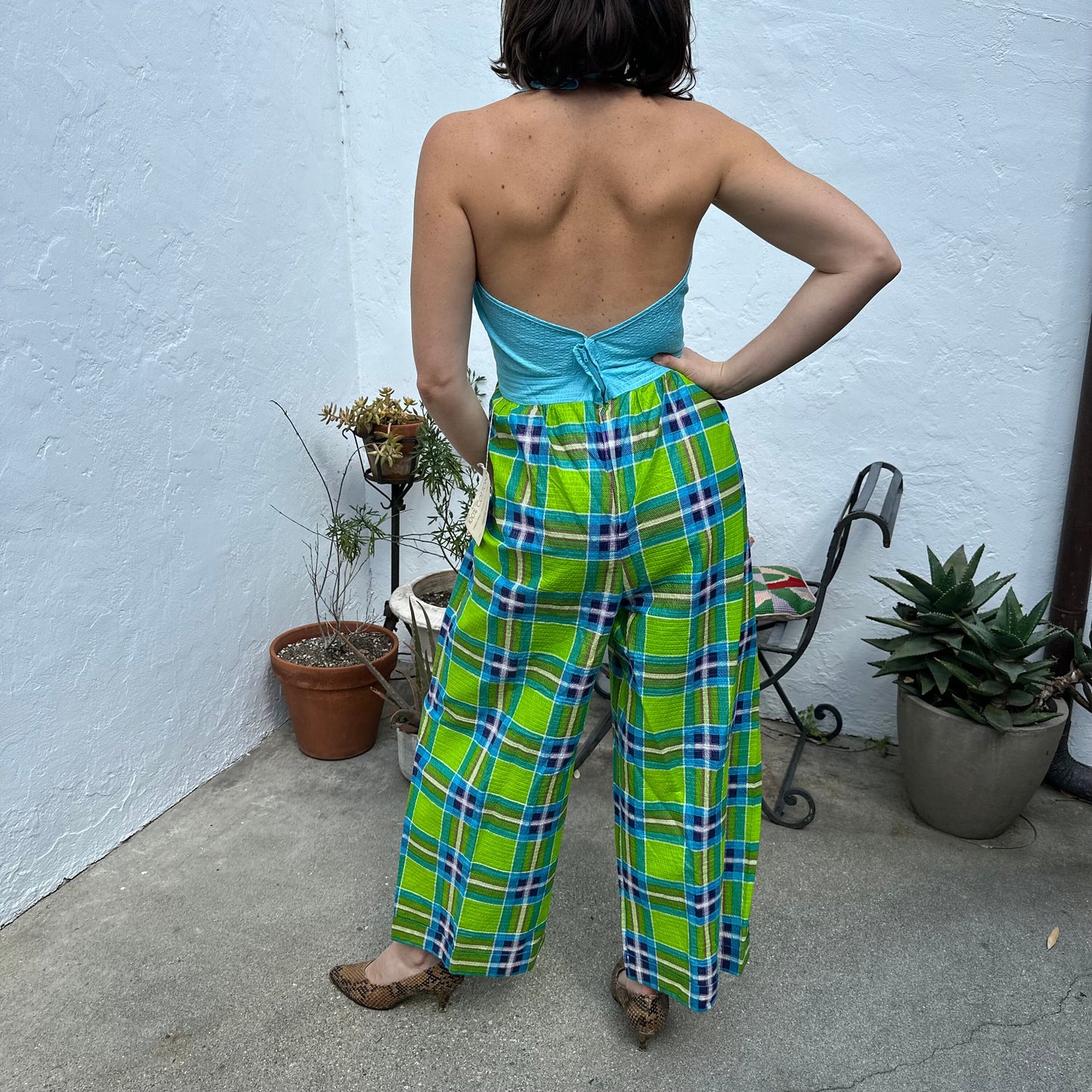 Rare 1970s Deadstock Plaid Teal and Lime Green Seersucker Halter Jumpsuit M/L