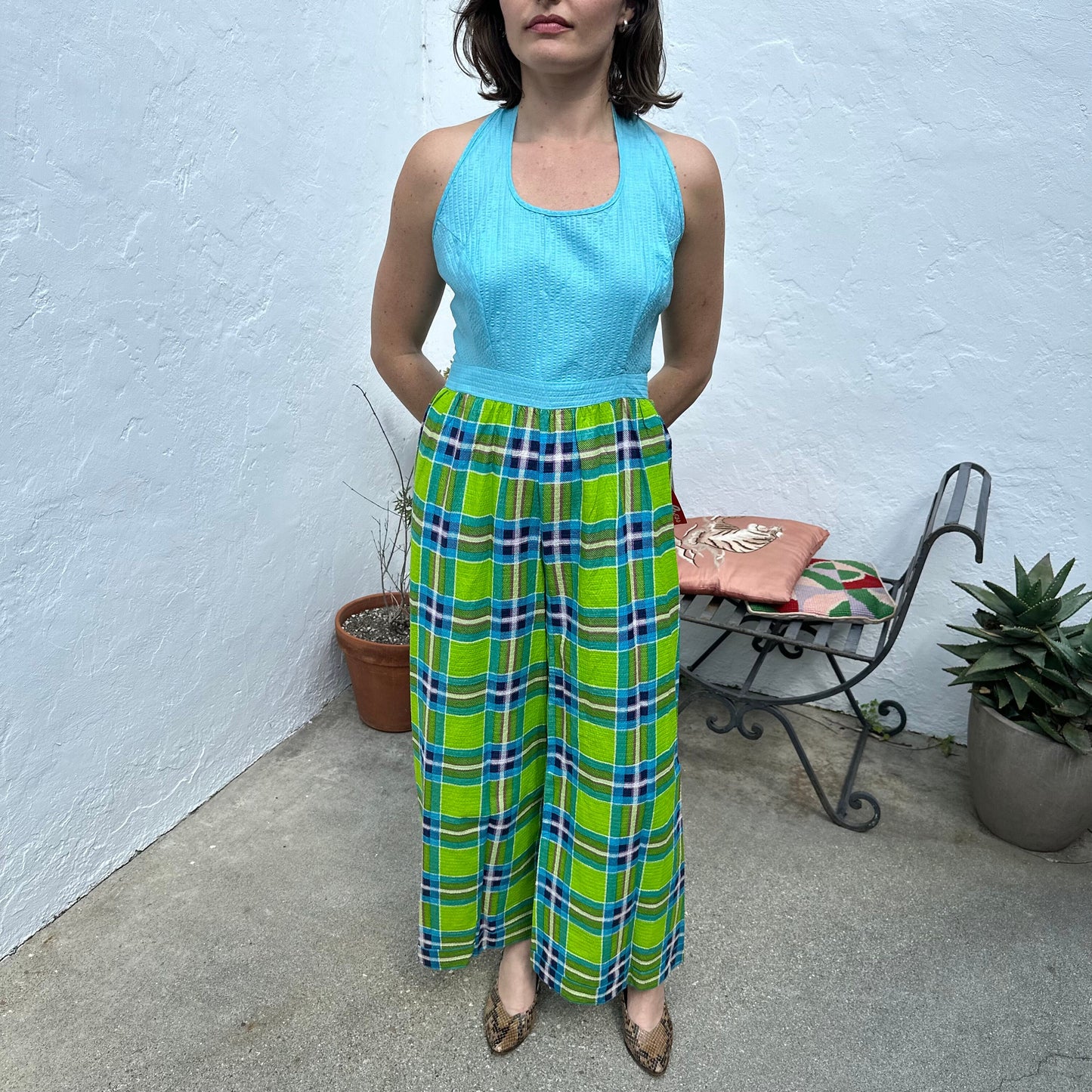 Rare 1970s Deadstock Plaid Teal and Lime Green Seersucker Halter Jumpsuit M/L
