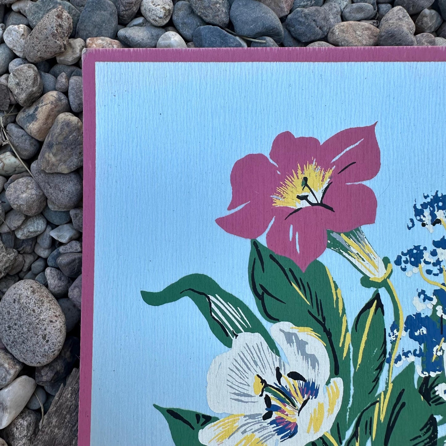 1940s Blue Small Floral Painting on Silk by Michelle