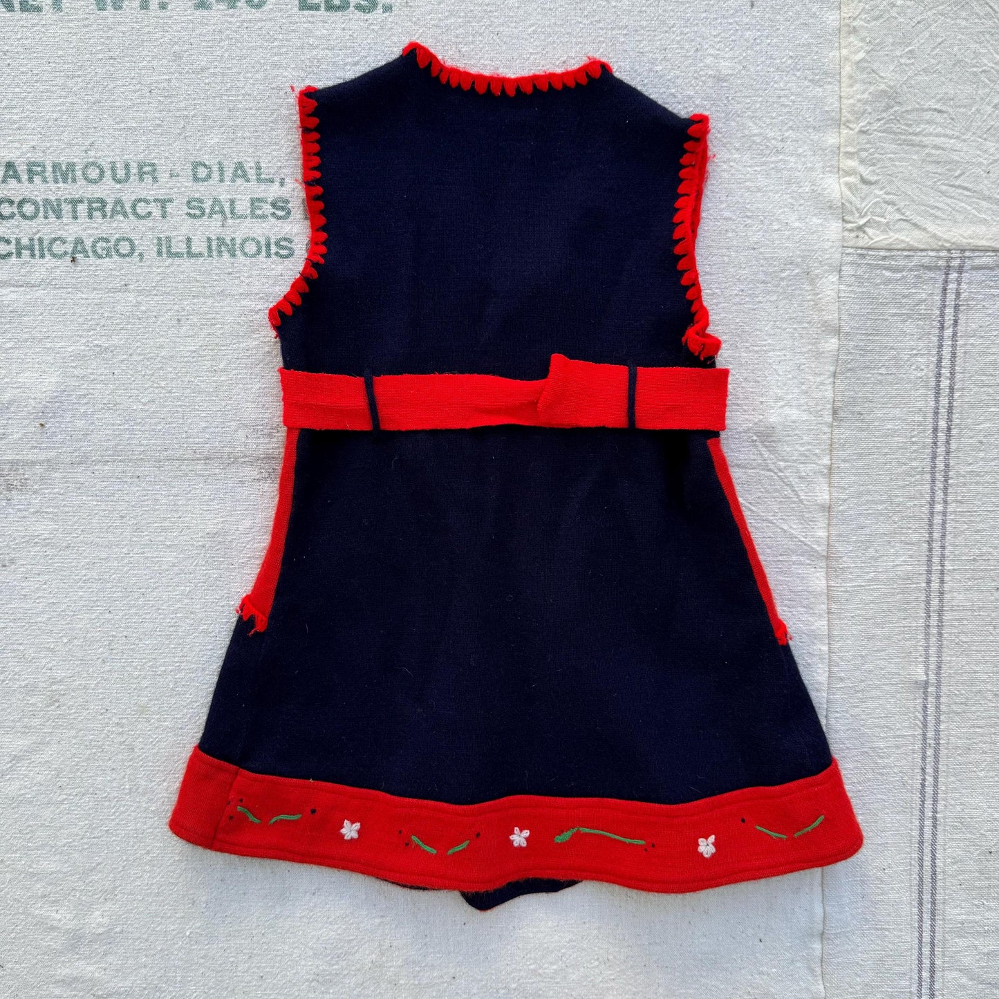 1940s Girls Hand Knit Navy Embroidered Dress with Buckle