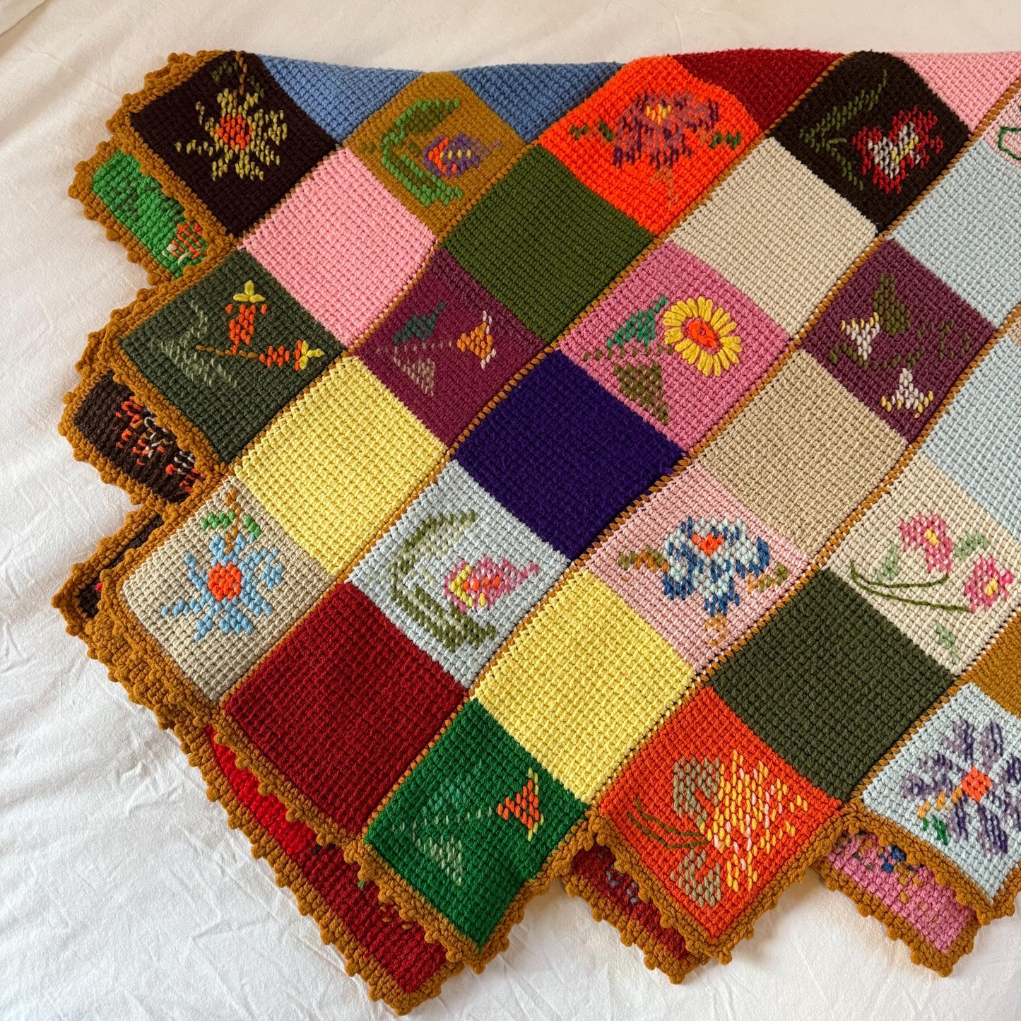 1970s Handmade Crochet Patchwork Rainbow Floral Diamond Needlepoint Afghan Throw Blanket