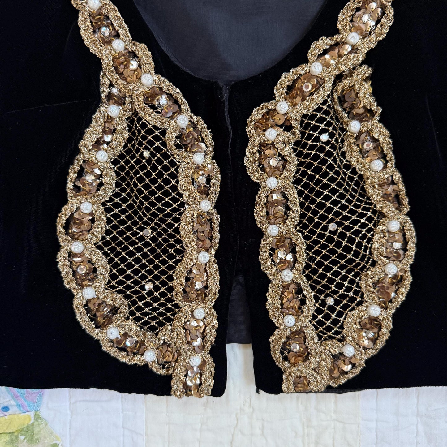 1960s Black Velvet Sequin Rhinestone Gold Trimmed Folk Vest
