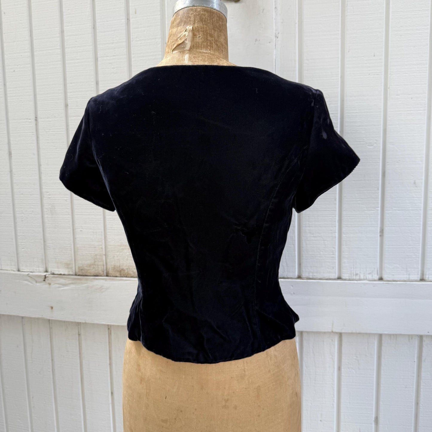 1990s Jordan Navy Velvet Rhinestone Clasp Front Bodice Blouse