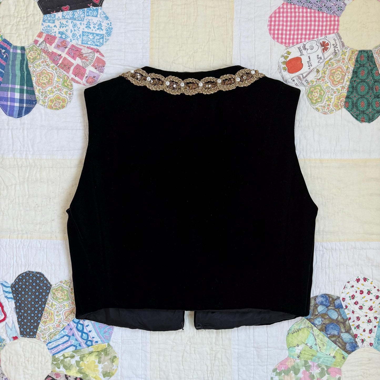 1960s Black Velvet Sequin Rhinestone Gold Trimmed Folk Vest