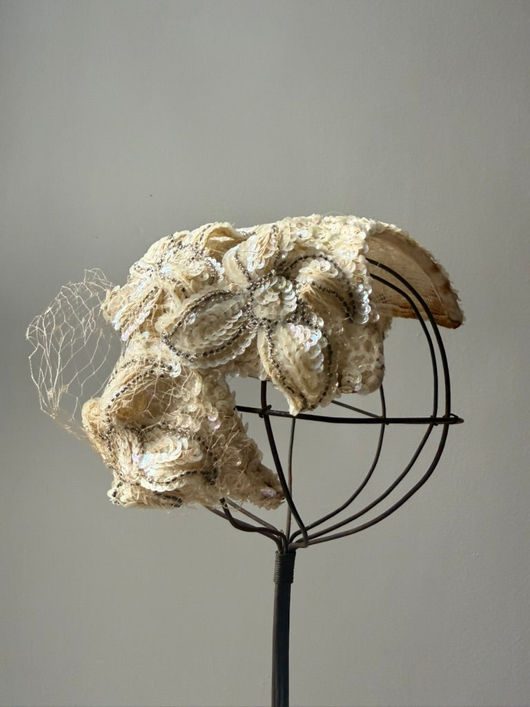 1940s Sequin Bridal Fascinator Headpiece by Haggarty's Beverly Hills