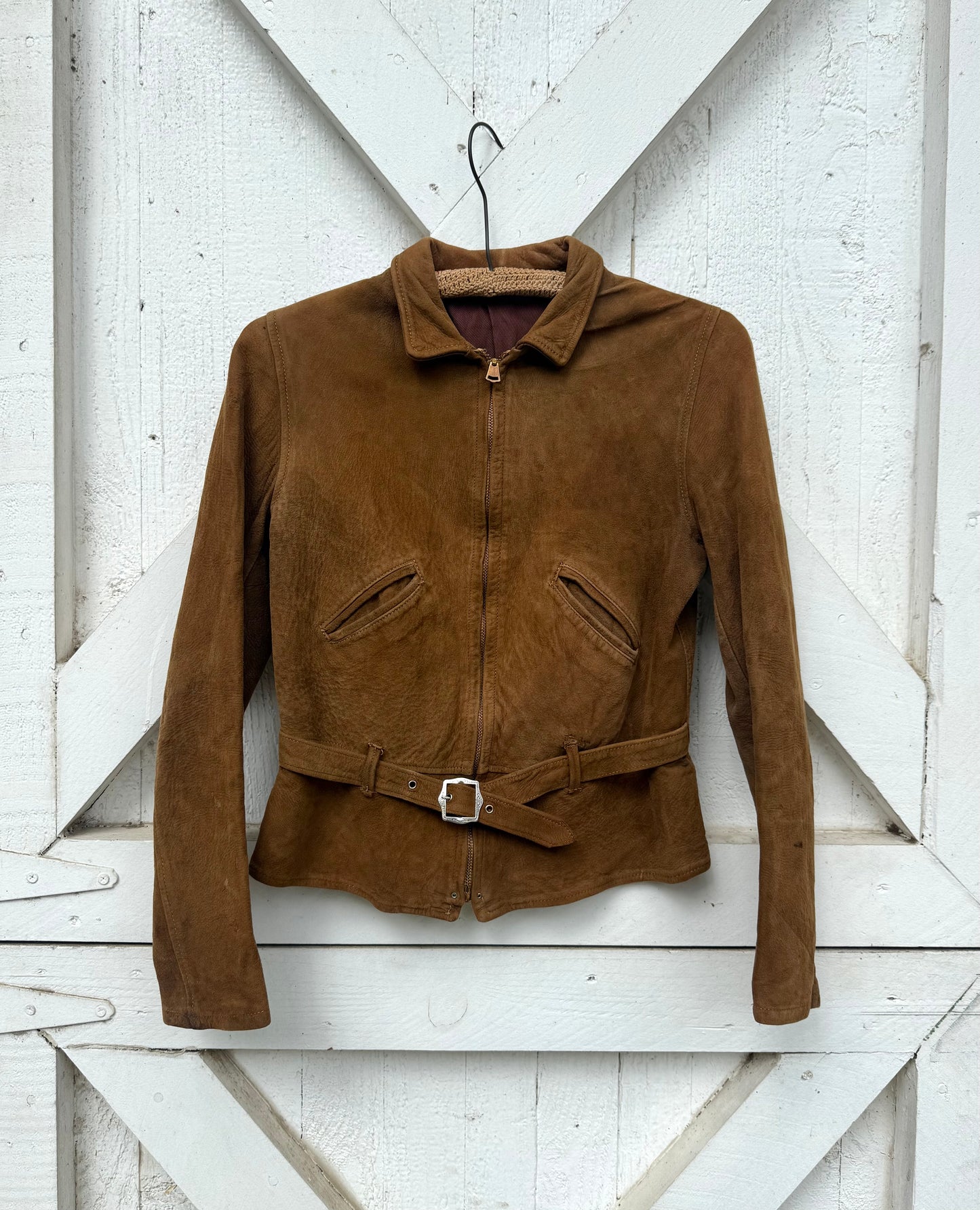 1930s Brown Suede Belted Cropped Jacket