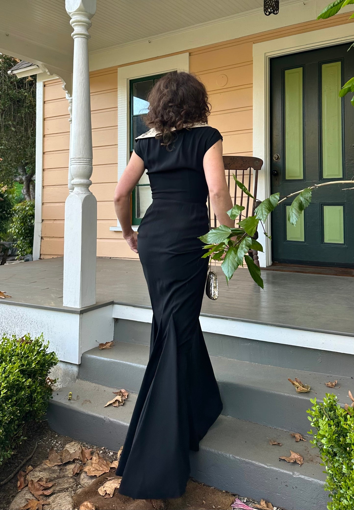 1940s Rhinestone Cowl Neck Black Rayon Structural Evening Gown