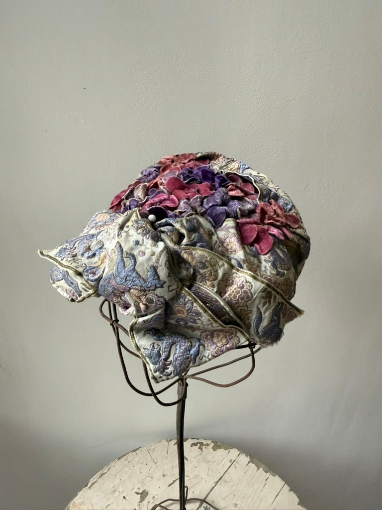 1940s Alice May Horse Tapestry Millinery Hat with Velvet Flowers