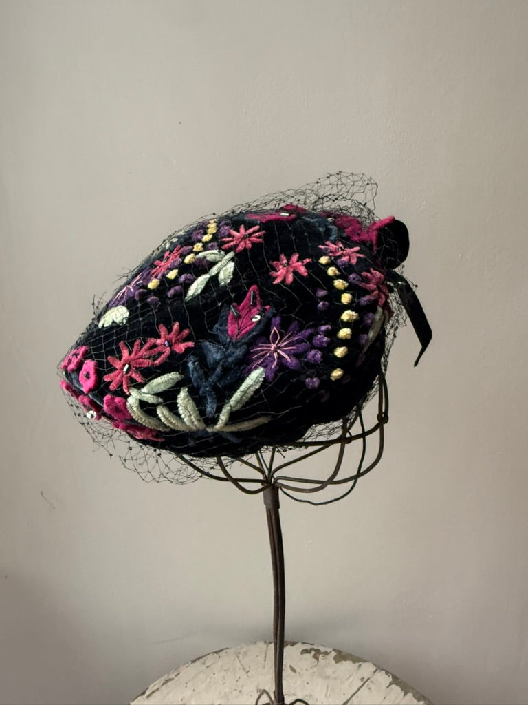 1950s Black Velvet Floral Cocktail Calot with Birdcage Veil