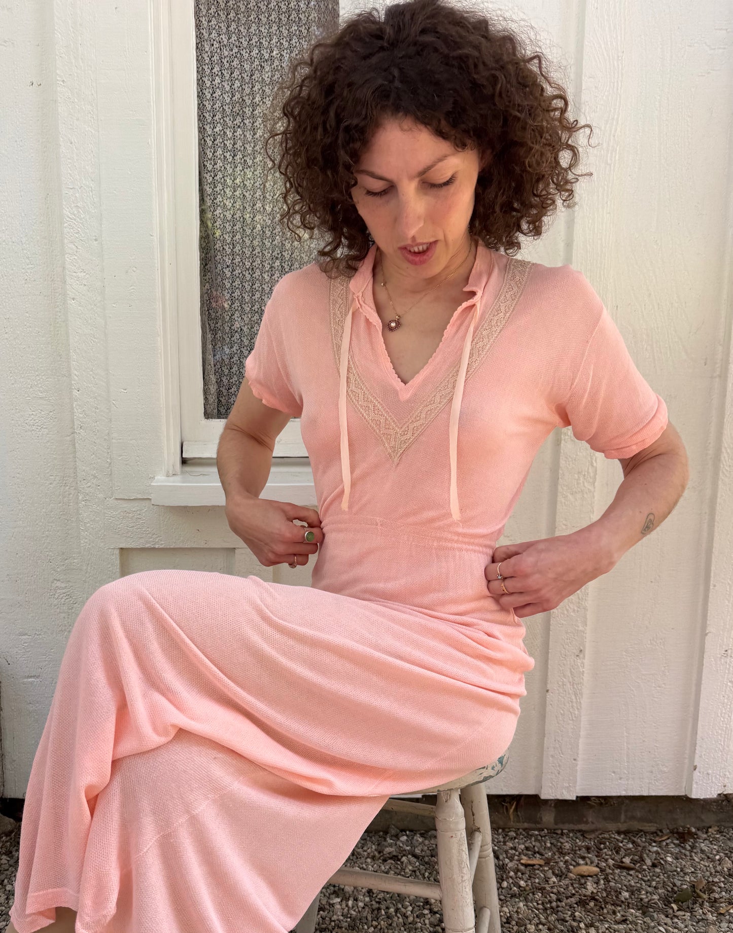 1940s Pink Cotton Rib Knit Dress