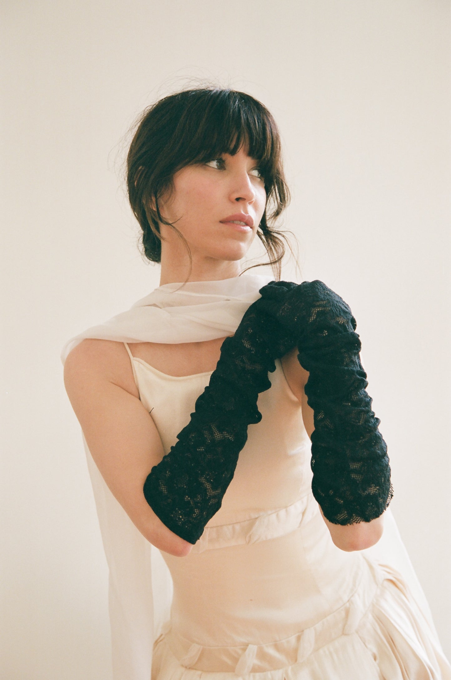 1990s Black Fine Lace Opera Gloves Made in France