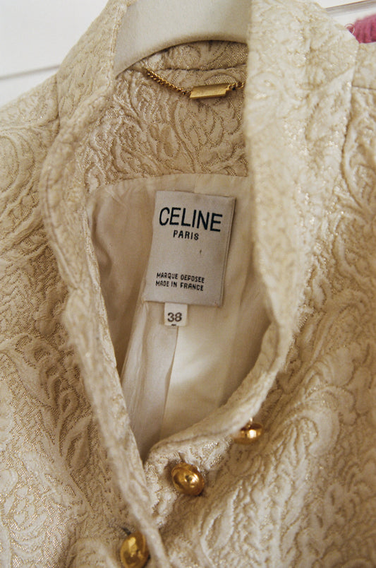 Vintage 70s 80s Celine Structured Button Front Gold Jacquard Vest