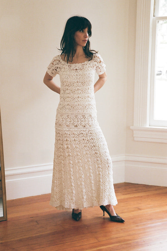 1970s Handmade White Crochet Open Knit Dropped Waist Dress